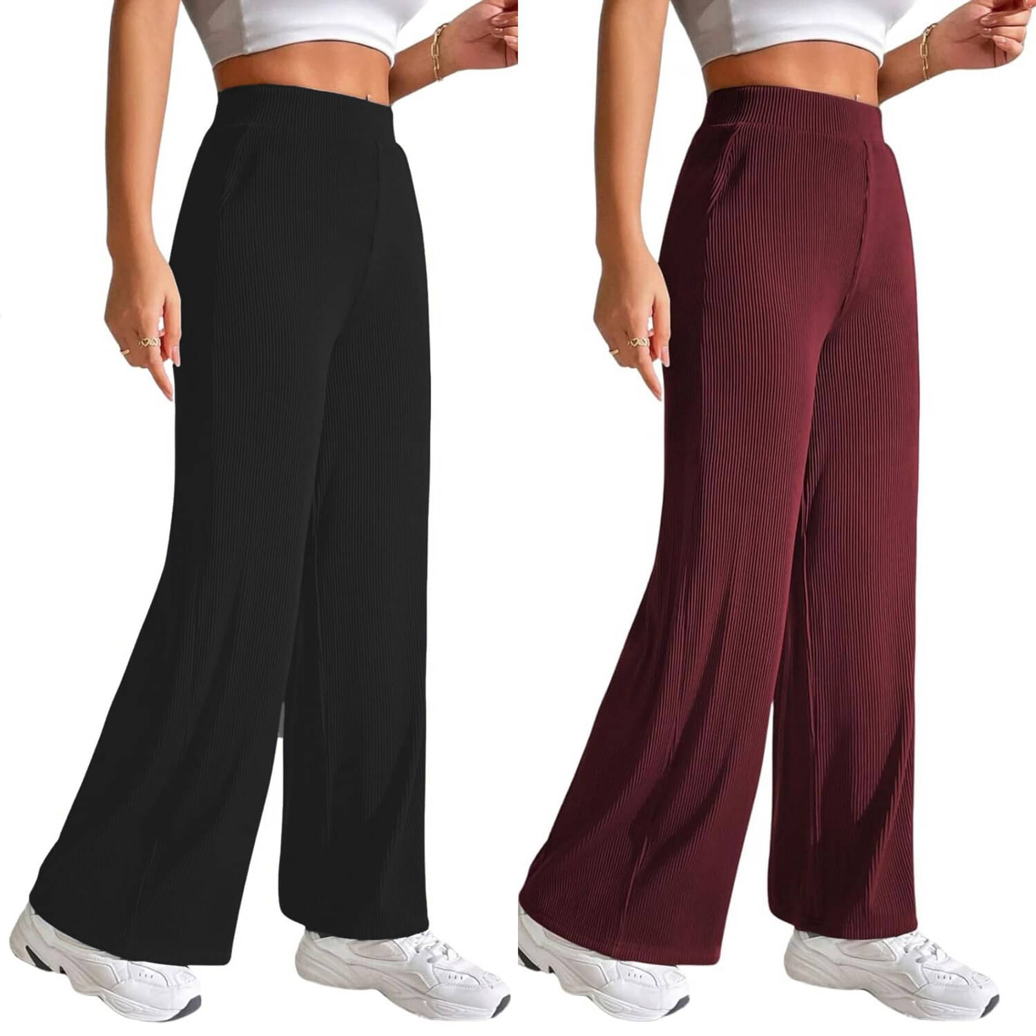     			Qyaas Women Lycra Wide Leg Trousers ( Black,Maroon )