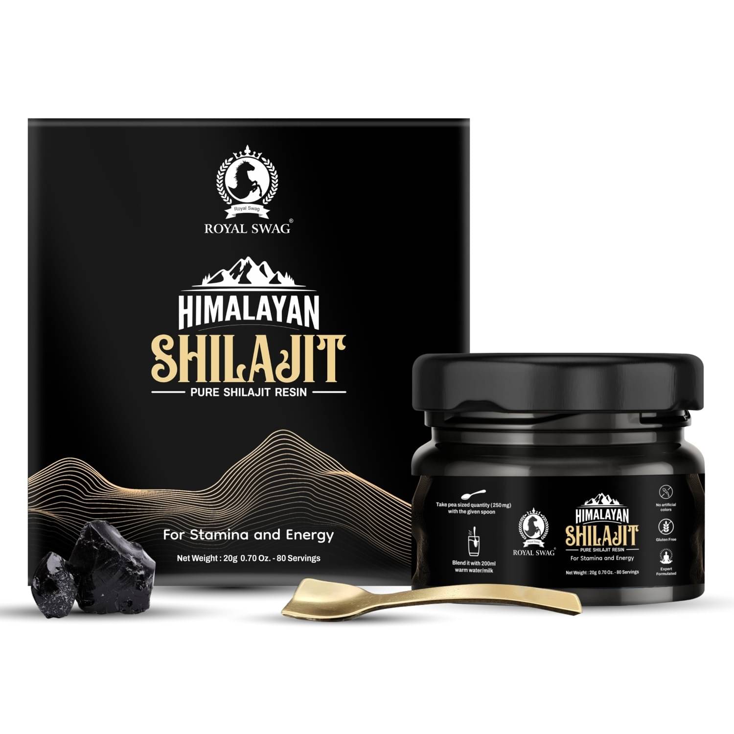 ROYAL SWAG Pure Himalayan Shilajit Resin For Men and Women 20 gram / 0.07 oz (80 Servings) With 1 Serving Spoon | Pure and Natural, No Artificial Colours, Expert Formulated and Gluten Free ROYAL SWAG Pure Himalayan Shilajit Resin For Men and Women 20 gram / 0.07 oz (80 Servings) With 1 Serving Spoon | Pure and Natural, No Artificial Colours, Expert Formulated and Gluten Free