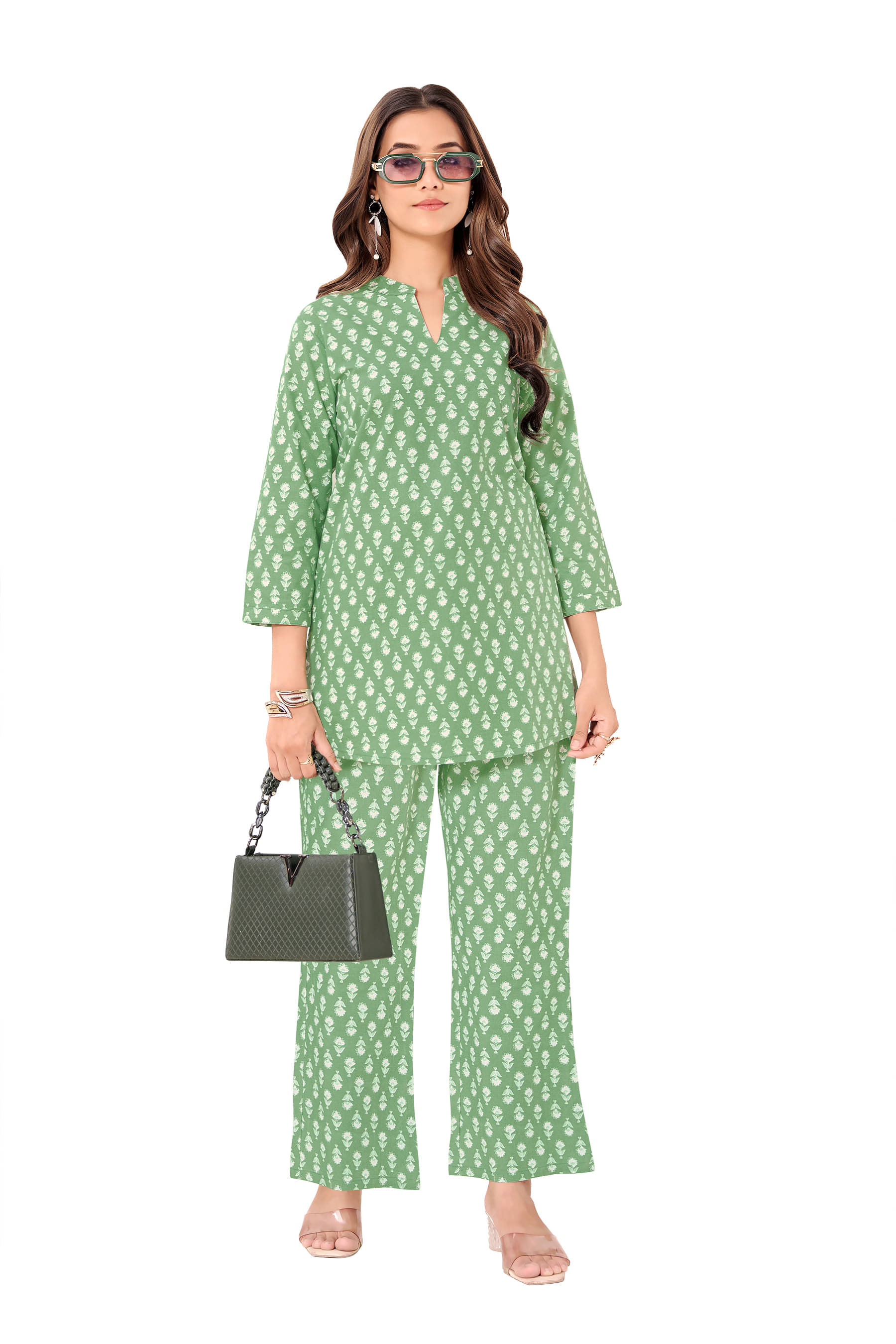     			SIMMU Women Printed Top With Palazzos Co-Ord Set ( Green )