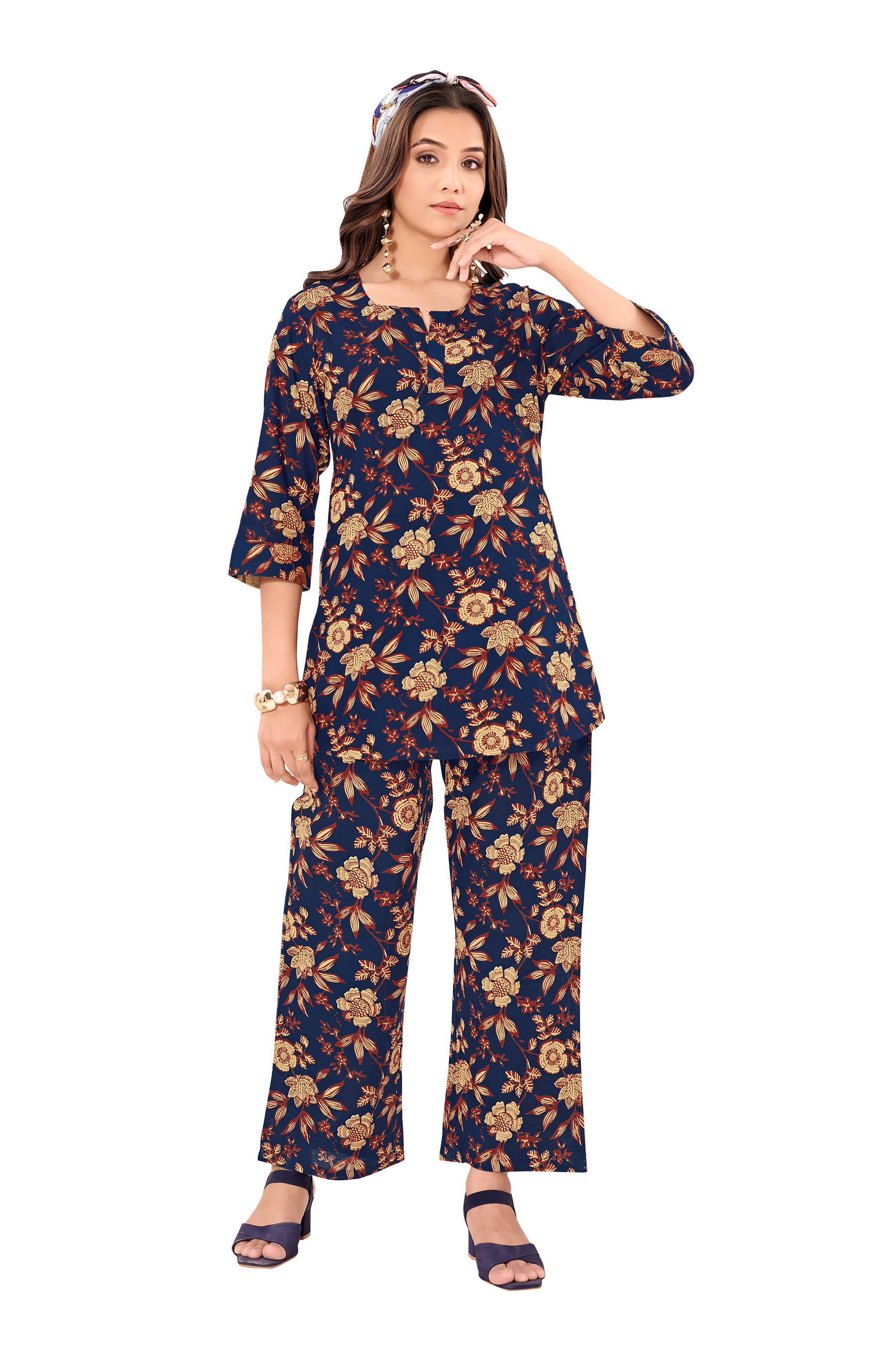     			SIMMU Women Printed Top With Palazzos Co-Ord Set ( Blue )