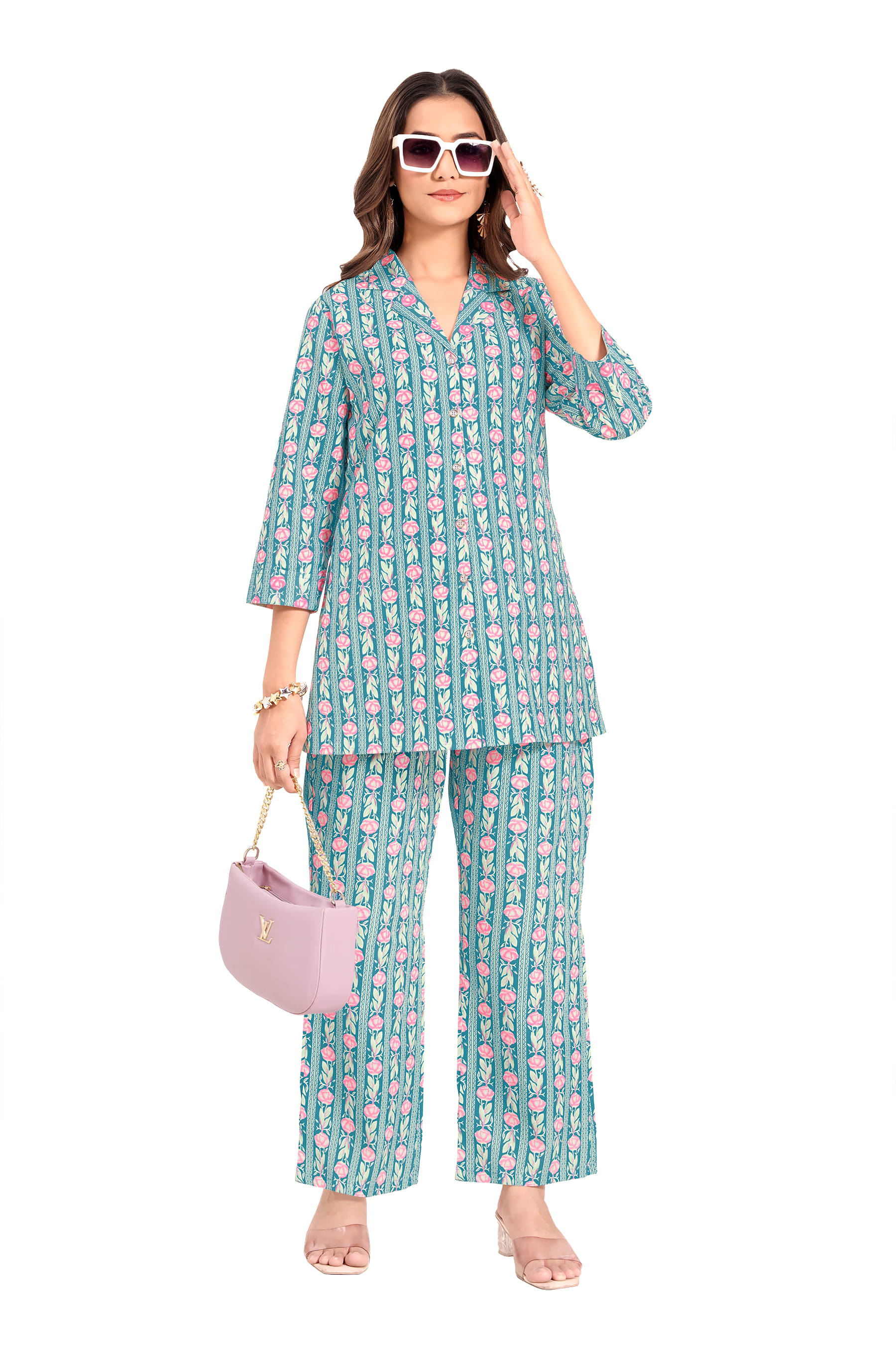     			SIMMU Women Printed Top With Palazzos Co-Ord Set ( Blue )