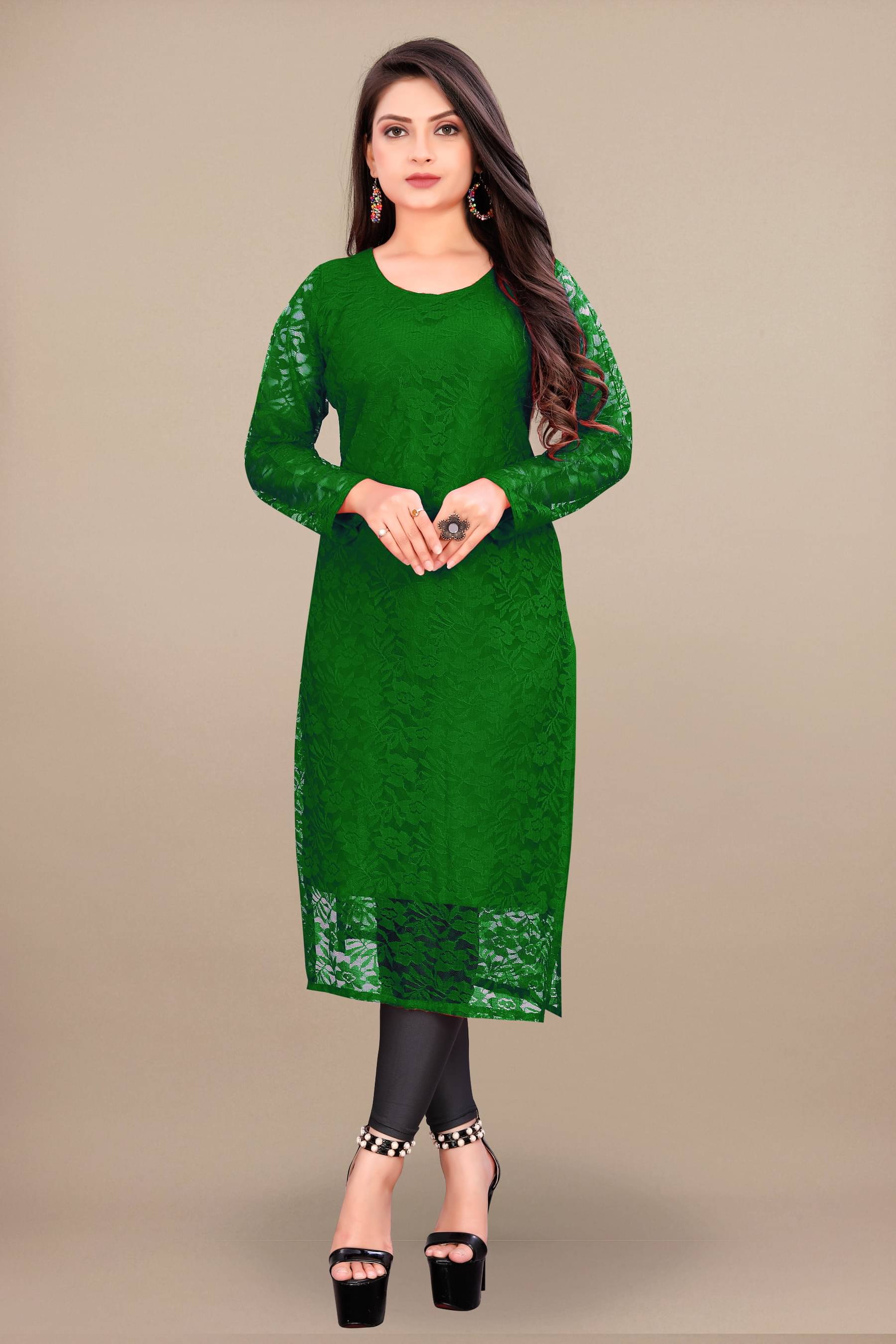     			Shree Guru Fashion Women Net Solid Straight Kurti ( Green )