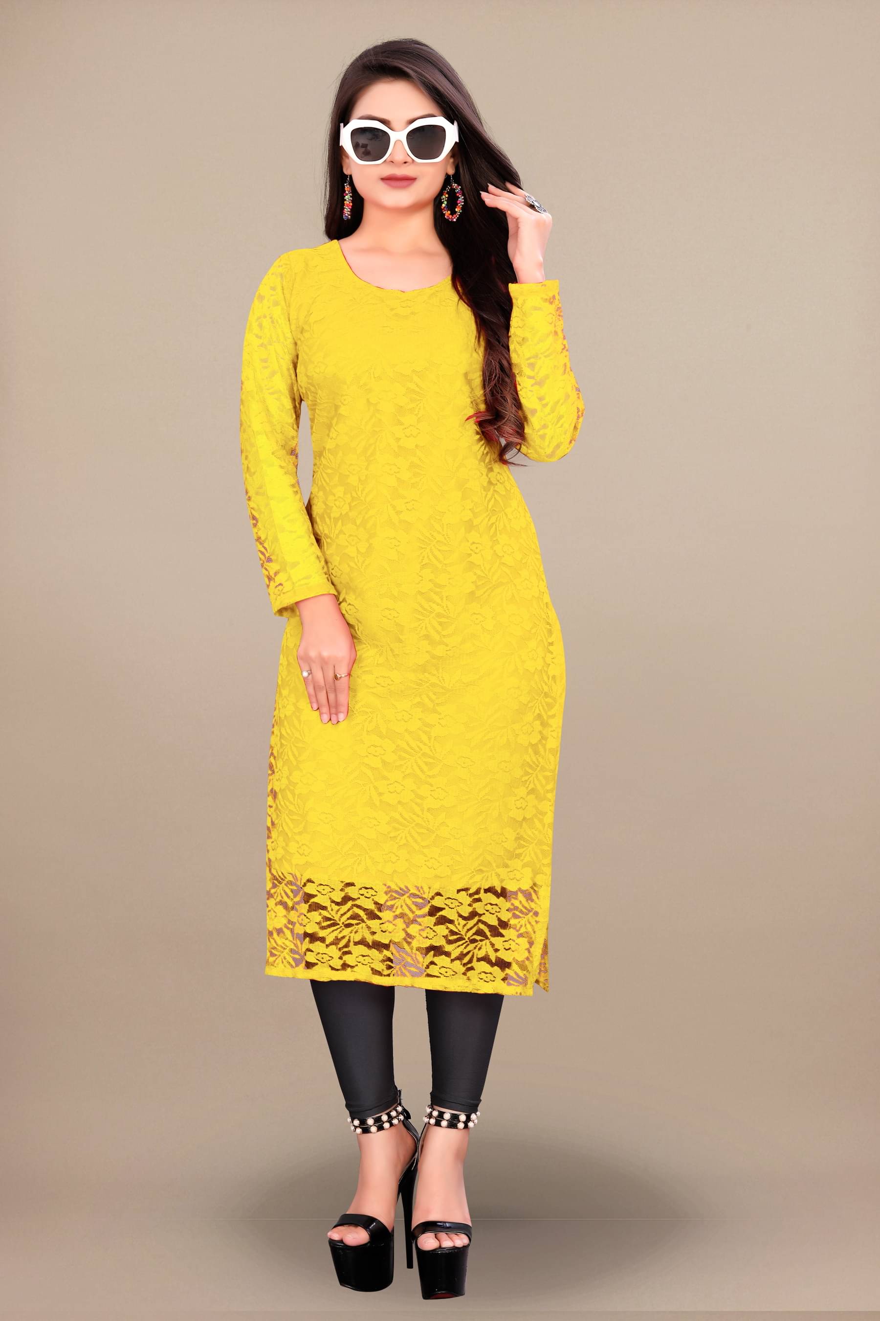 Shree Guru Fashion Women Net Solid Straight Kurti ( Yellow ) Shree Guru Fashion Women Net Solid Straight Kurti ( Yellow )