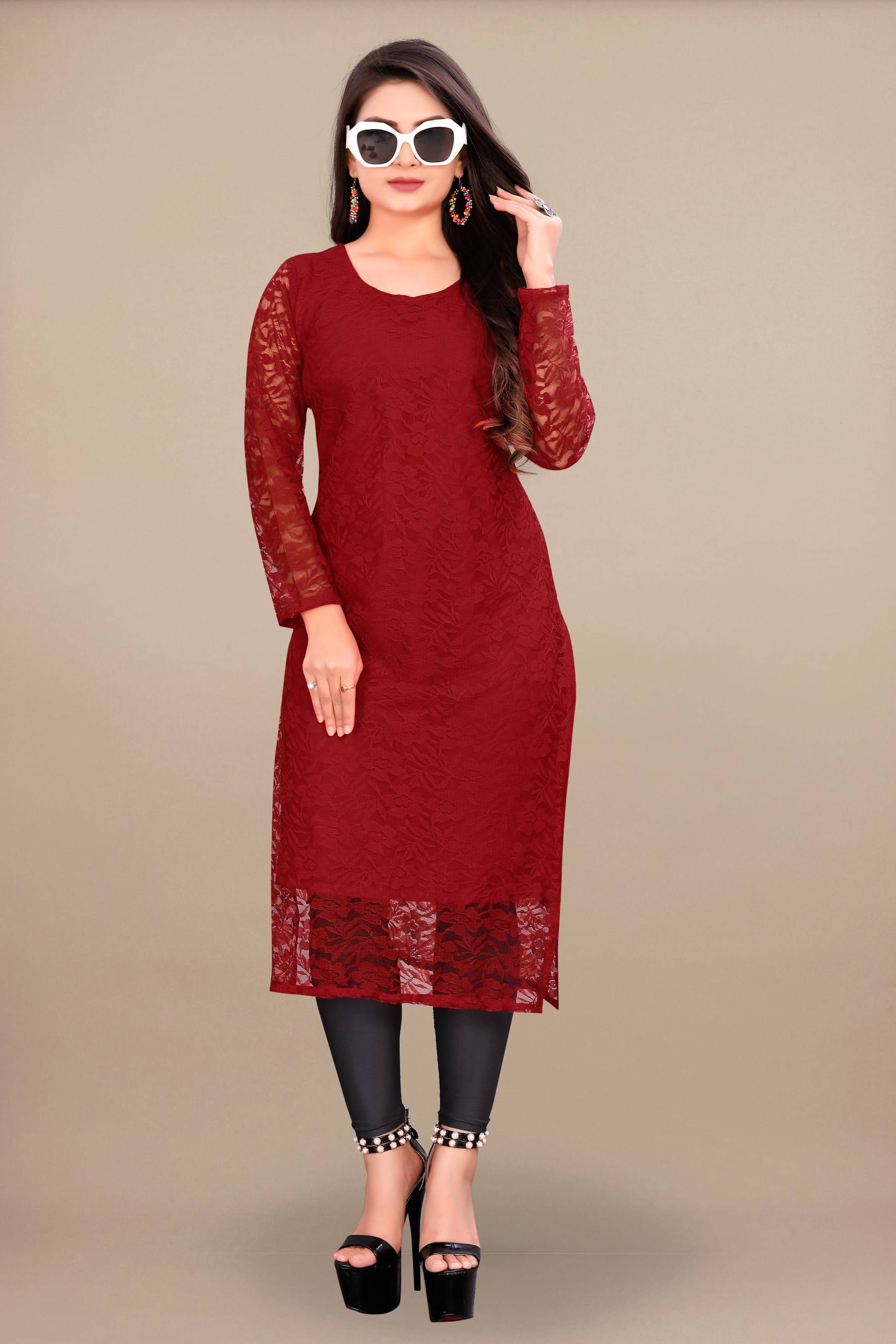 Shree Guru Fashion Women Net Self Design Straight Kurti ( Maroon ) Shree Guru Fashion Women Net Self Design Straight Kurti ( Maroon )
