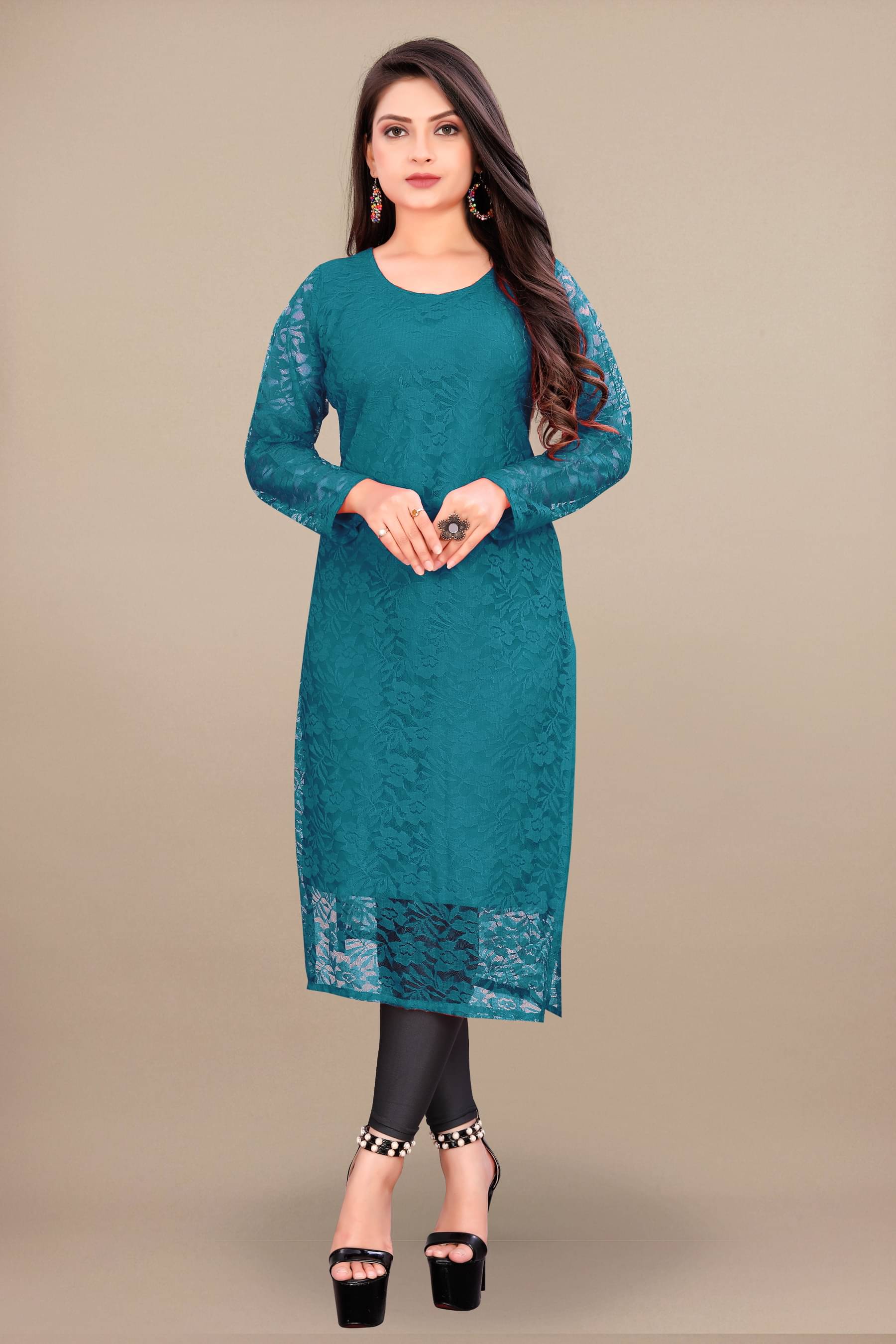     			Shree Guru Fashion Women Net Solid Straight Kurti ( Teal )