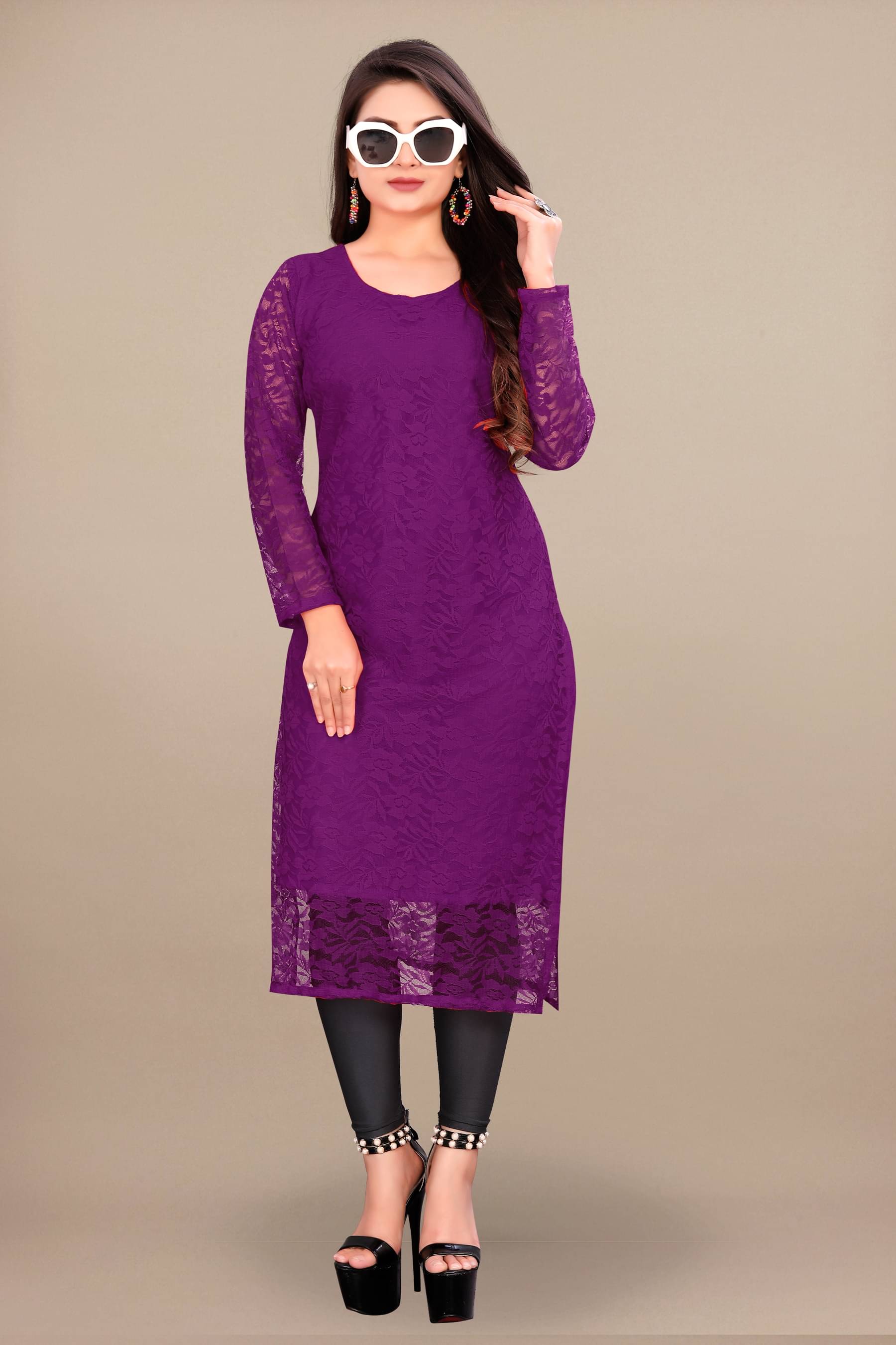     			Shree Guru Fashion Women Net Solid Straight Kurti ( Wine )