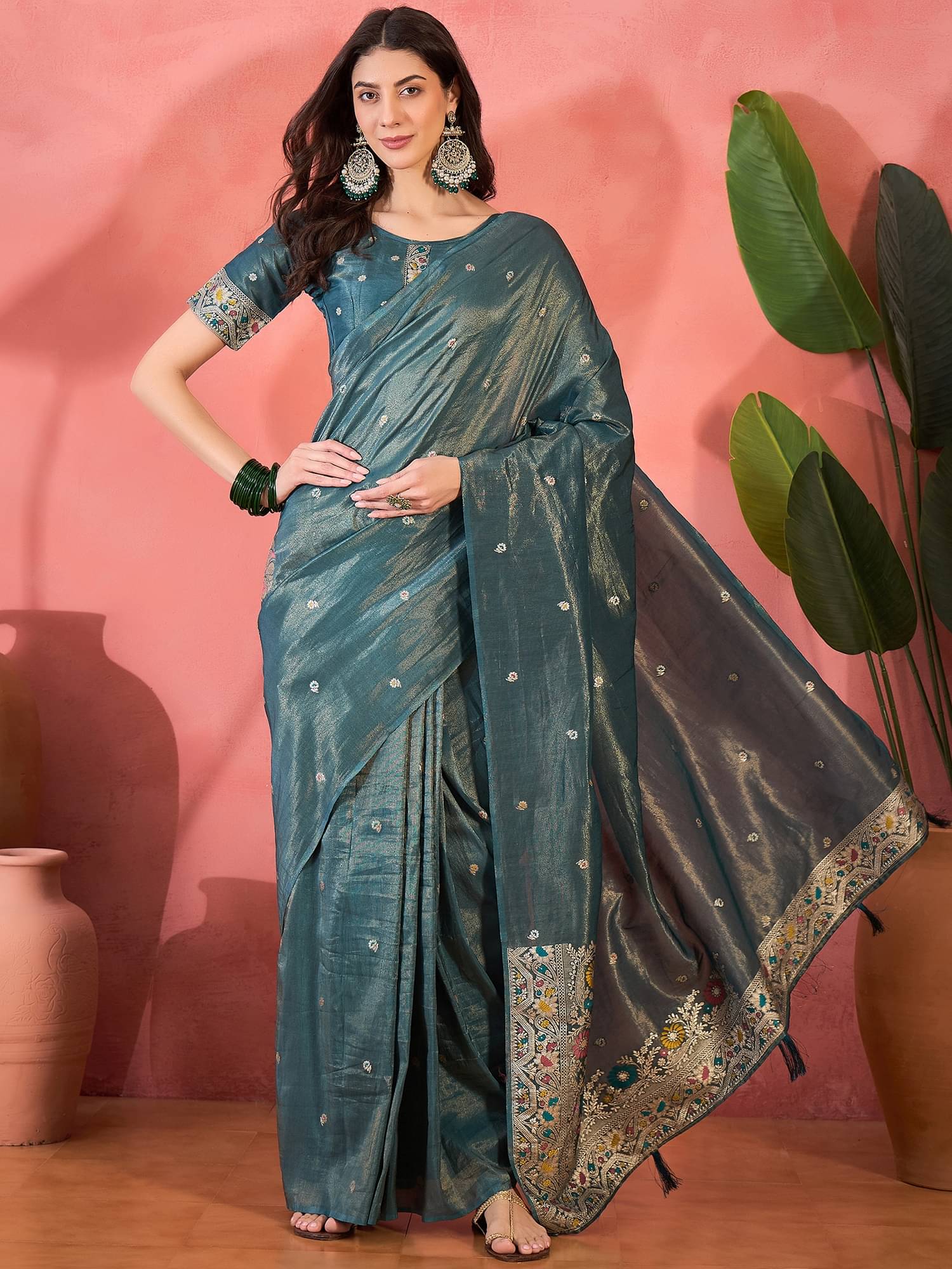 Shree Mahantam Shimmer Applique Banarasi saree With Unstitched Blouse Piece ( Teal ) Shree Mahantam Shimmer Applique Banarasi saree With Unstitched Blouse Piece ( Teal )