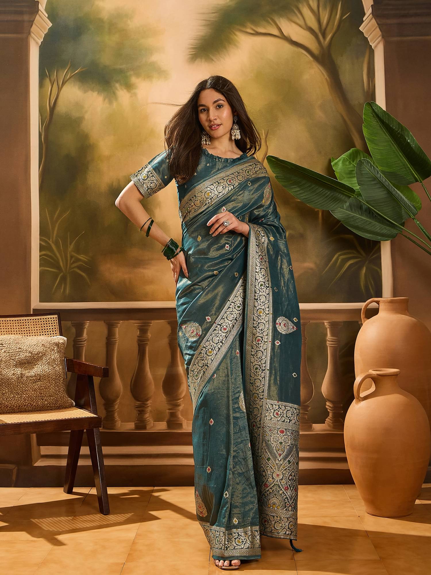 Shree Mahantam Shimmer Embellished Banarasi saree With Unstitched Blouse Piece ( Teal ) Shree Mahantam Shimmer Embellished Banarasi saree With Unstitched Blouse Piece ( Teal )