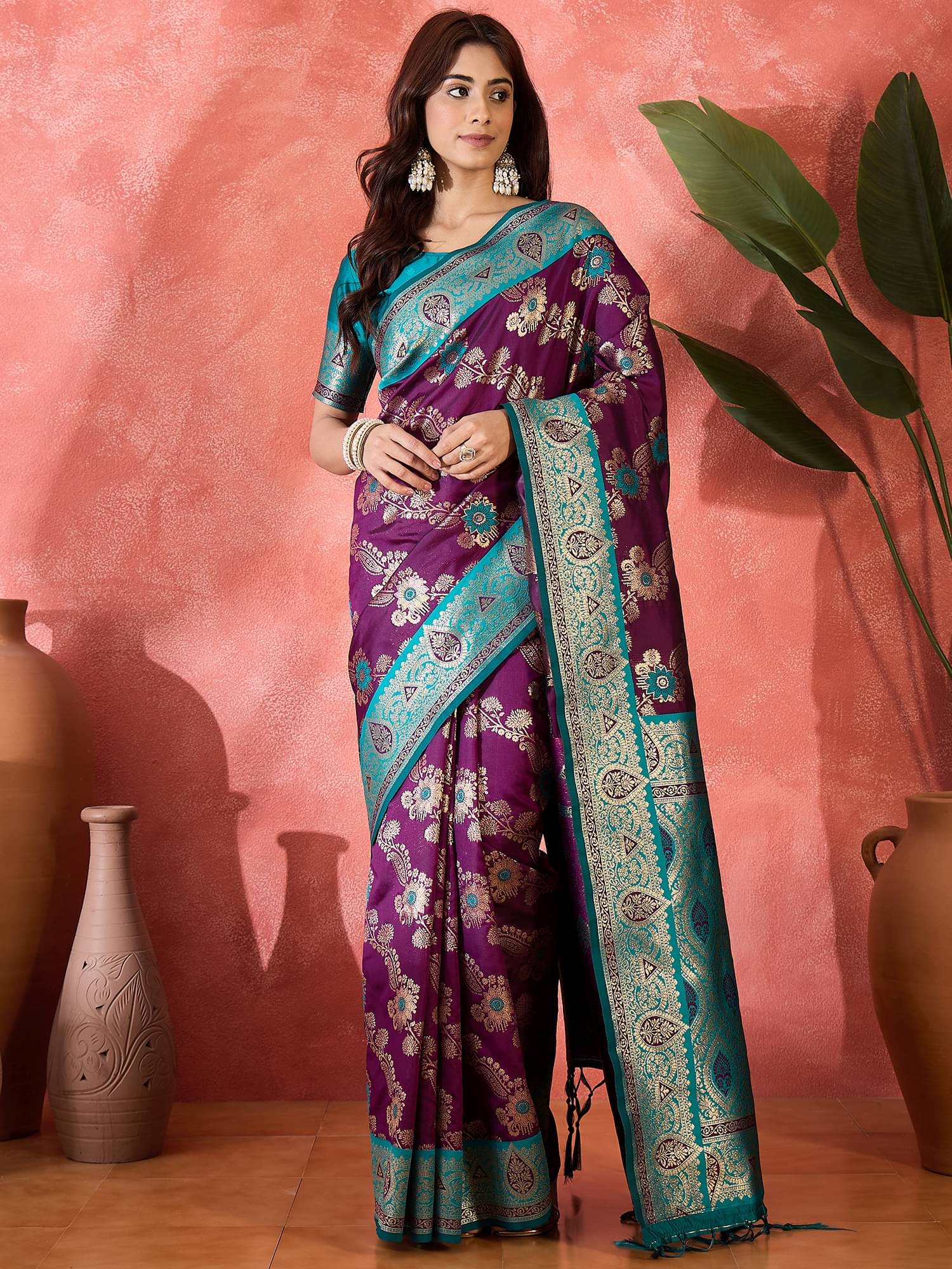 Shree Mahantam Silk Blend Embellished Banarasi saree With Unstitched Blouse Piece ( Purple )     			Shree Mahantam Silk Blend Embellished Banarasi saree With Unstitched Blouse Piece ( Purple )