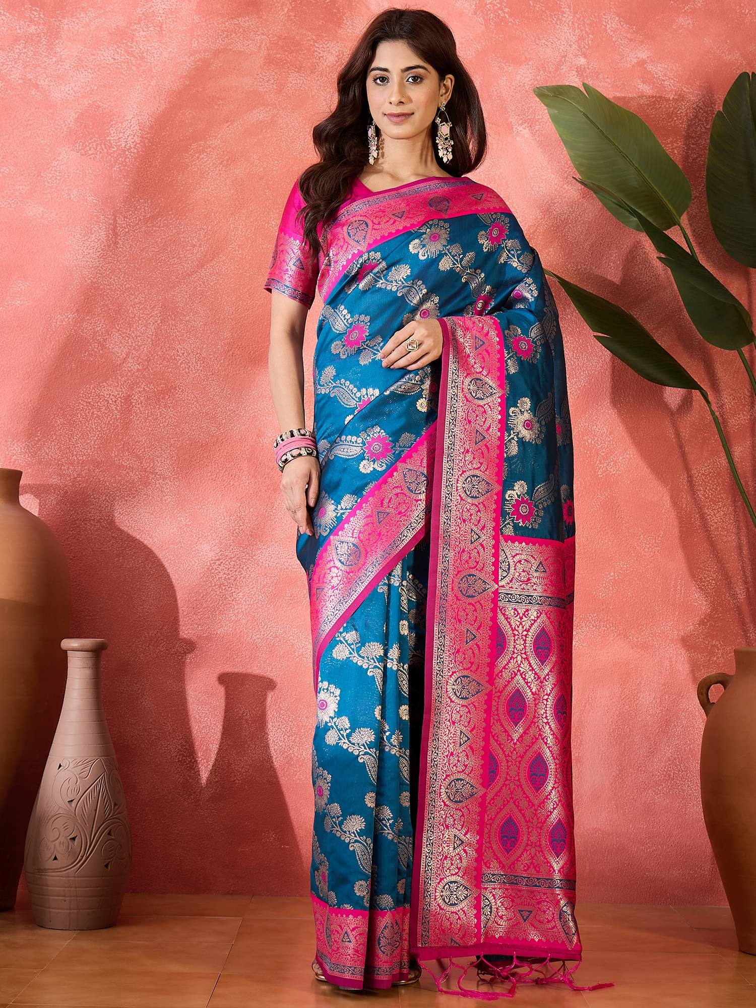 Shree Mahantam Silk Blend Embellished Banarasi saree With Unstitched Blouse Piece ( Blue ) Shree Mahantam Silk Blend Embellished Banarasi saree With Unstitched Blouse Piece ( Blue )