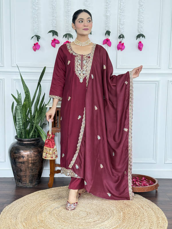 Supar Sleave Women Chanderi Embroidered Straight Kurti With Pants ( Maroon )     			Supar Sleave Women Chanderi Embroidered Straight Kurti With Pants ( Maroon )