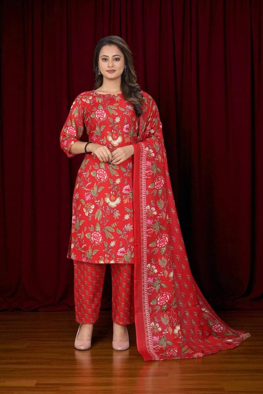 TEXPA FASHION Women Cotton Printed A-line Kurti With Pants ( Red ) TEXPA FASHION Women Cotton Printed A-line Kurti With Pants ( Red )