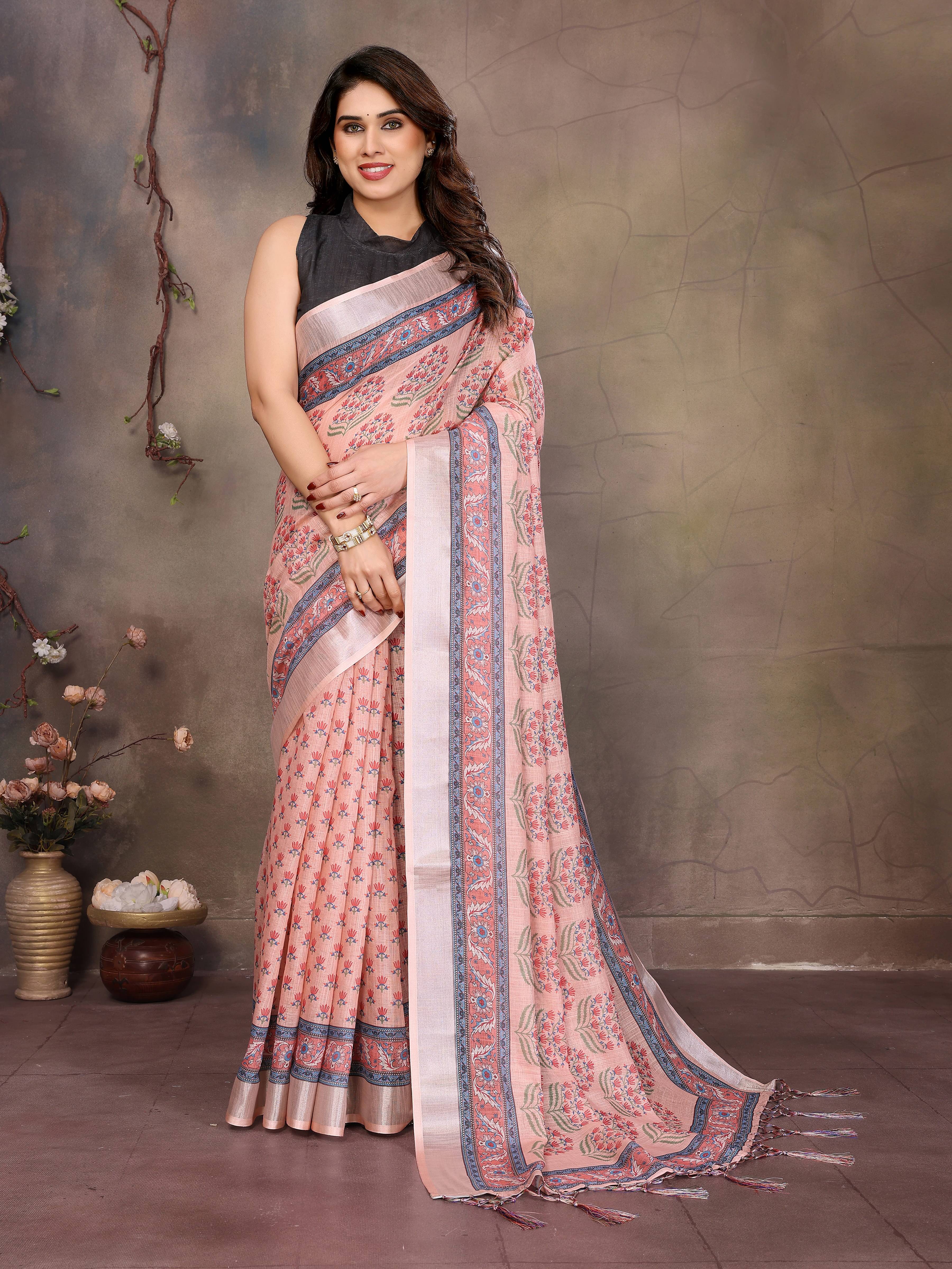     			THE PRIVATE LABLE Cotton Printed Banarasi saree With Unstitched Blouse Piece ( Peach )
