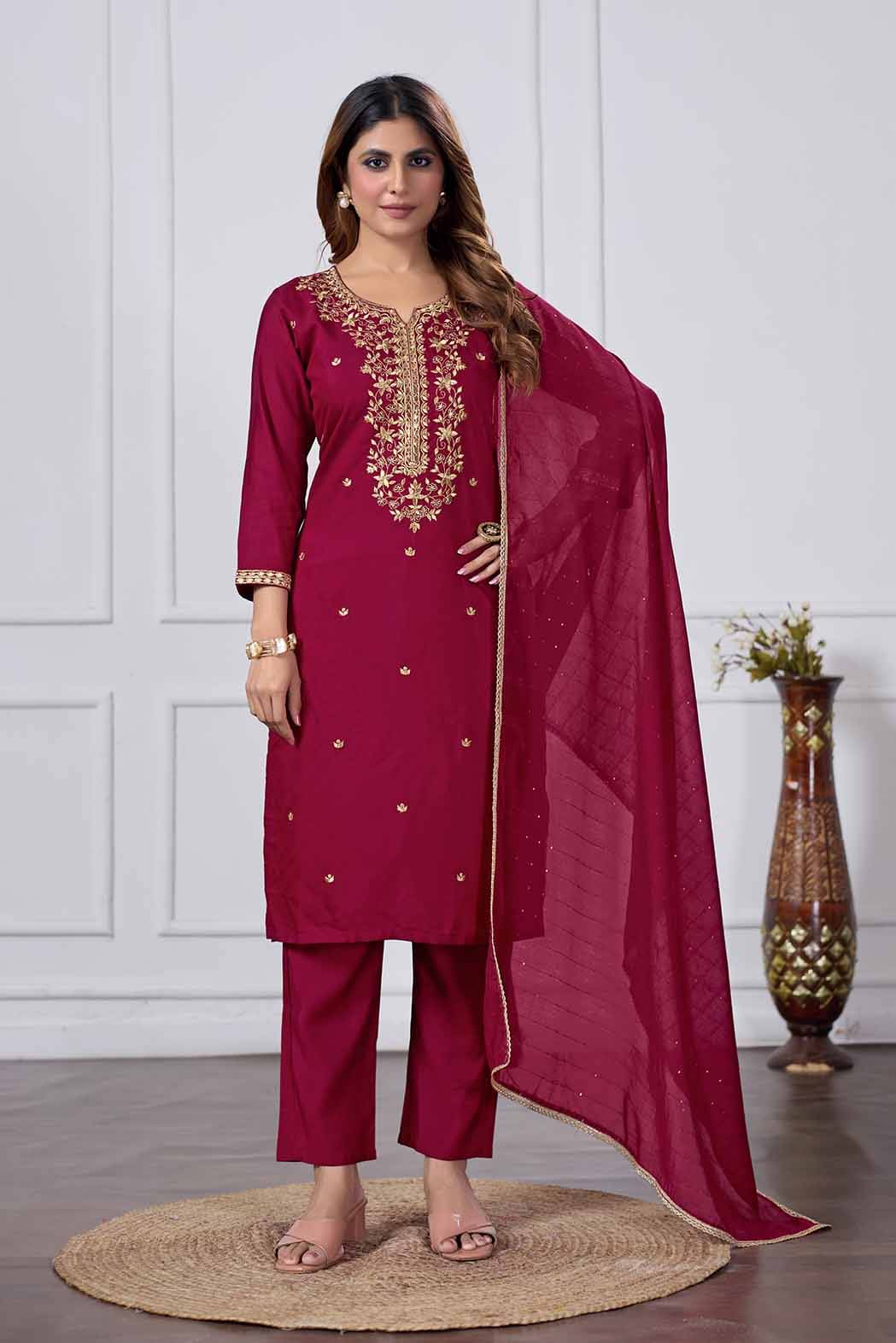 THE PRIVATE LABLE Women Chanderi Cotton Embroidered Straight Kurti With Salwar ( Maroon,Red ) THE PRIVATE LABLE Women Chanderi Cotton Embroidered Straight Kurti With Salwar ( Maroon,Red )