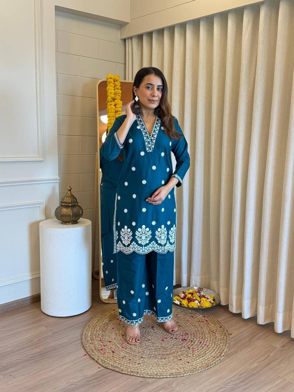     			THE PRIVATE LABLE Women Rayon Embroidered Straight Kurti With Pants ( Blue,Multicoloured )