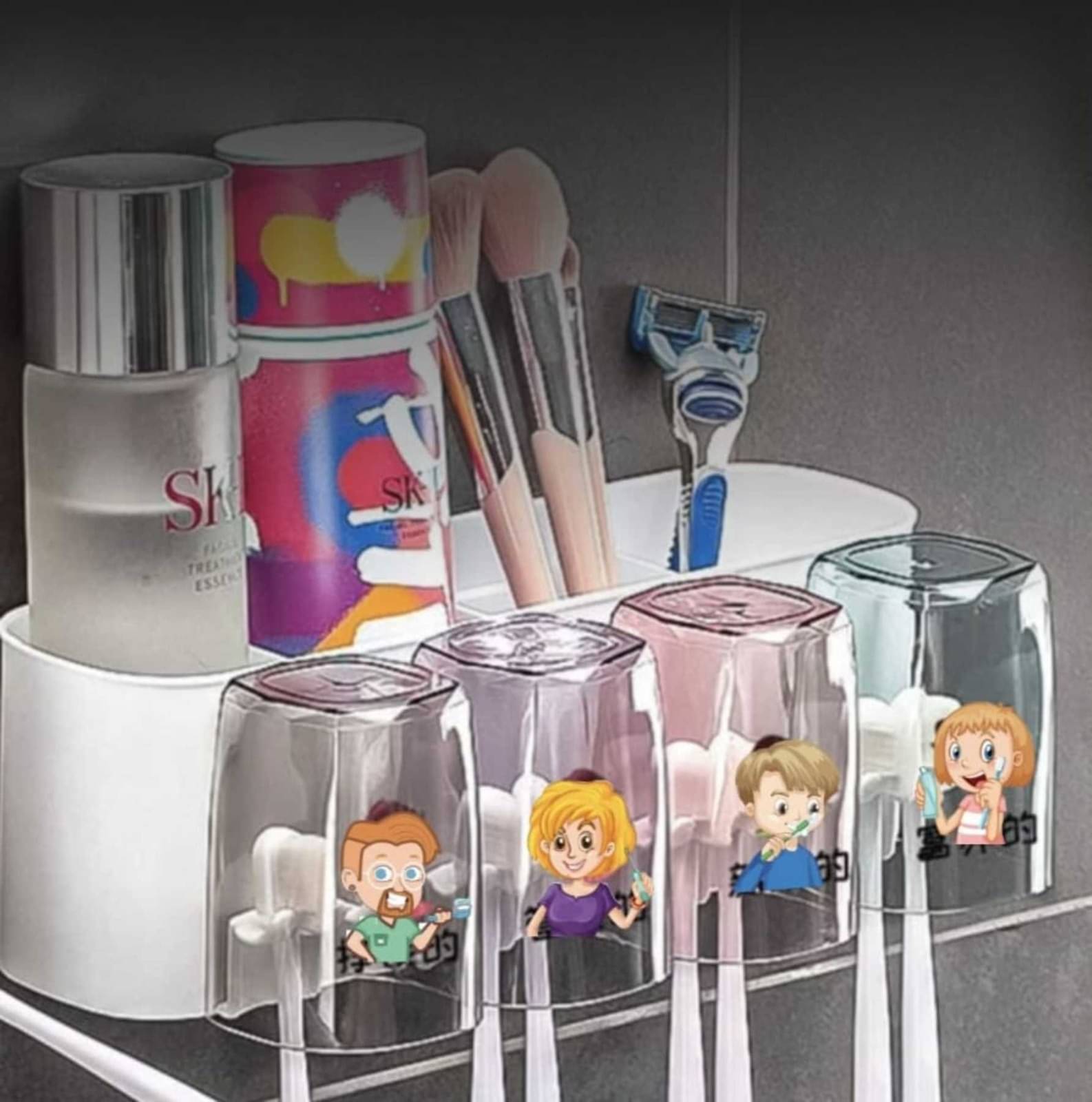     			Toothbrush Holder with Adhesive, No-Drill Multi-Slot Organizer for Bathroom – Holds Toothbrushes, Toothpaste, Razor & Cup | Modern Plastic Storage Rack (4 Cup)