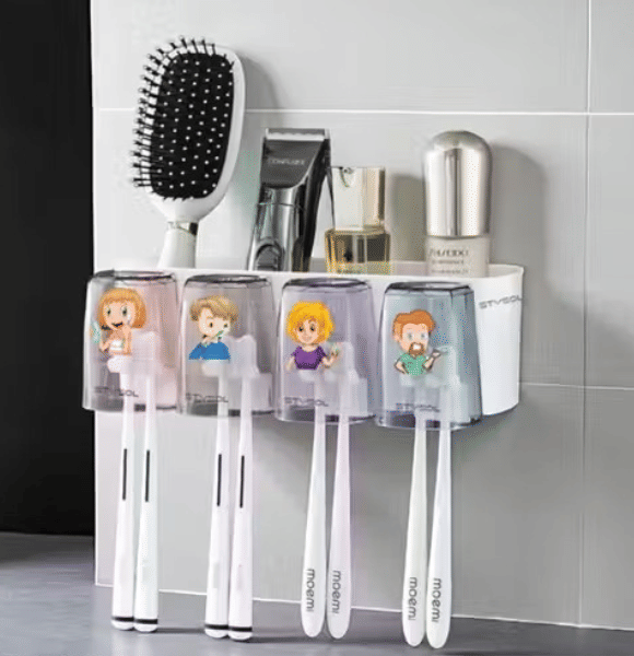     			Toothbrush Holder with Adhesive, No-Drill Multi-Slot Organizer for Bathroom – Holds Toothbrushes, Toothpaste, Razor & Cup | Modern Plastic Storage Rack (4 Cup)