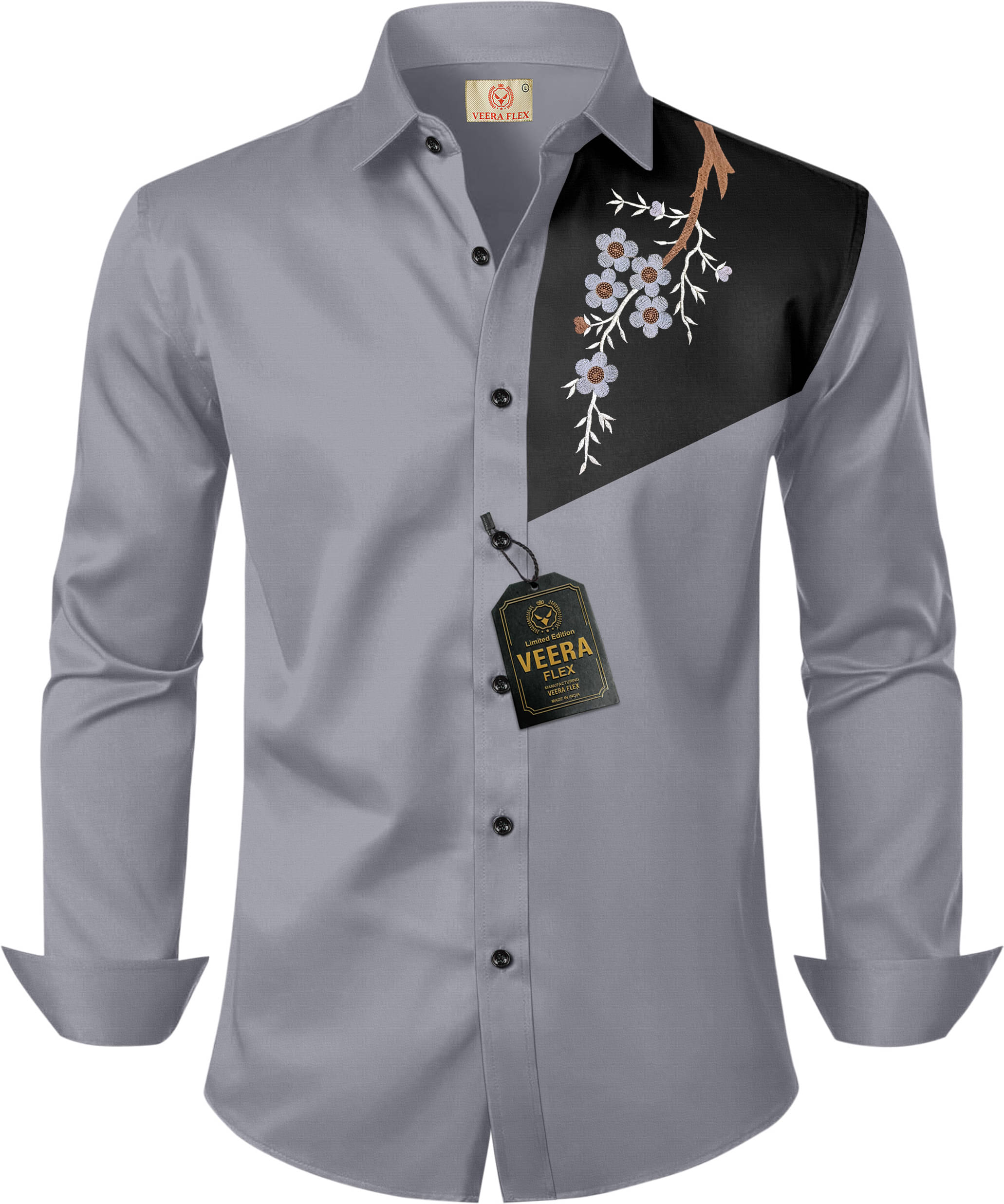 VEERA FLEX Cotton Blend Regular Fit Embroidered Full Sleeves Men's Casual Shirt - Grey ( Pack of 1 ) VEERA FLEX Cotton Blend Regular Fit Embroidered Full Sleeves Men's Casual Shirt - Grey ( Pack of 1 )