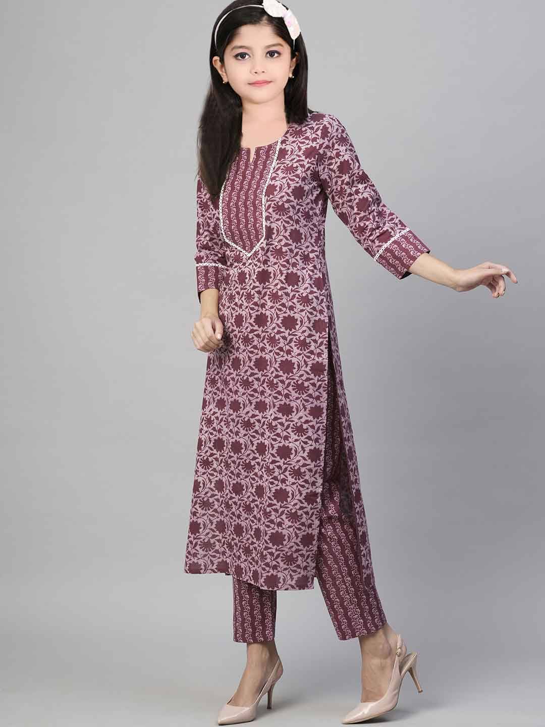 Various Vault Girls Cotton Blend Kurti with Pants ( Pack of 1 , Maroon ) Various Vault Girls Cotton Blend Kurti with Pants ( Pack of 1 , Maroon )