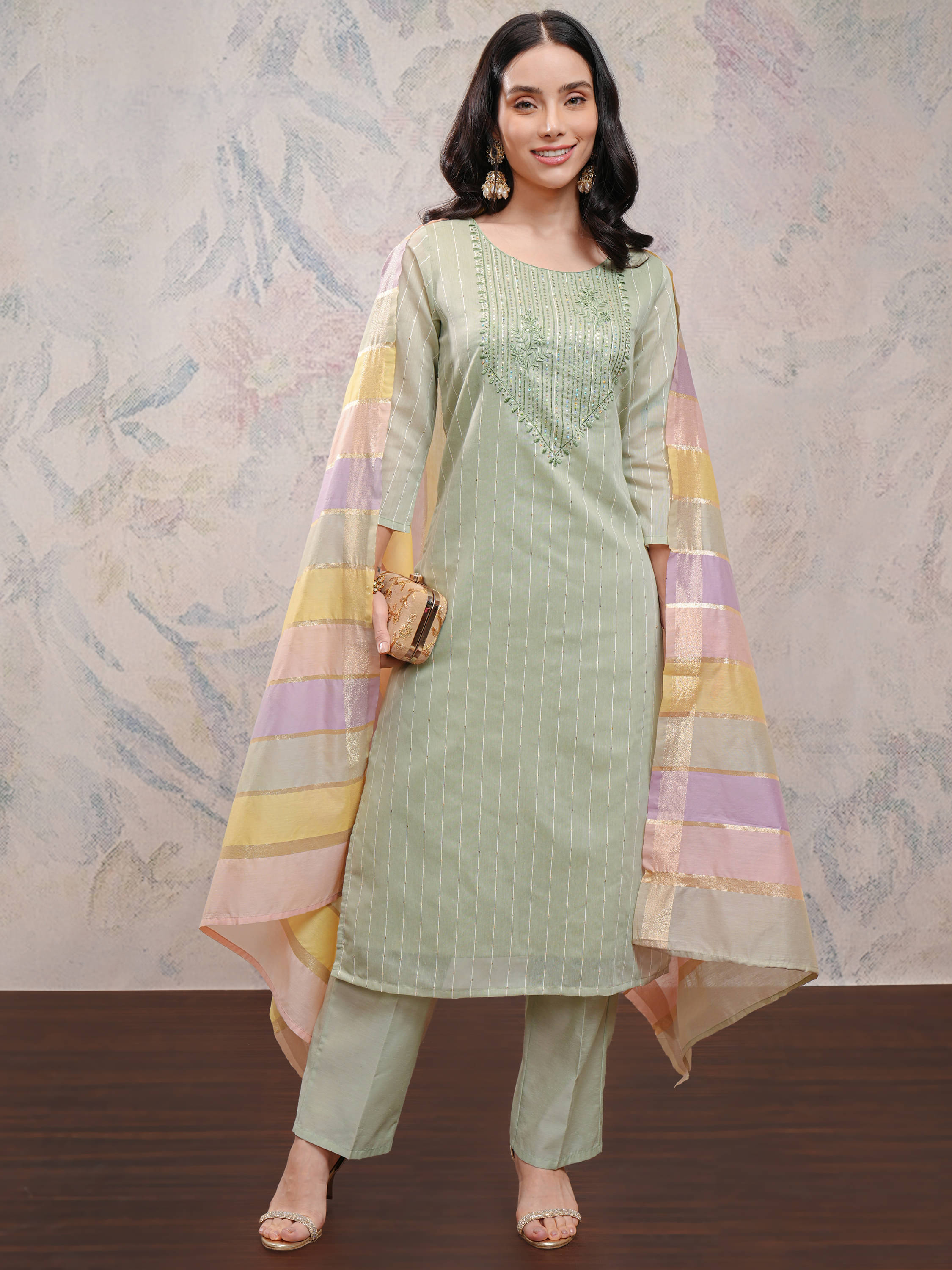     			Vishudh Women Polyester Self Design Straight Kurti With Pants ( Green )