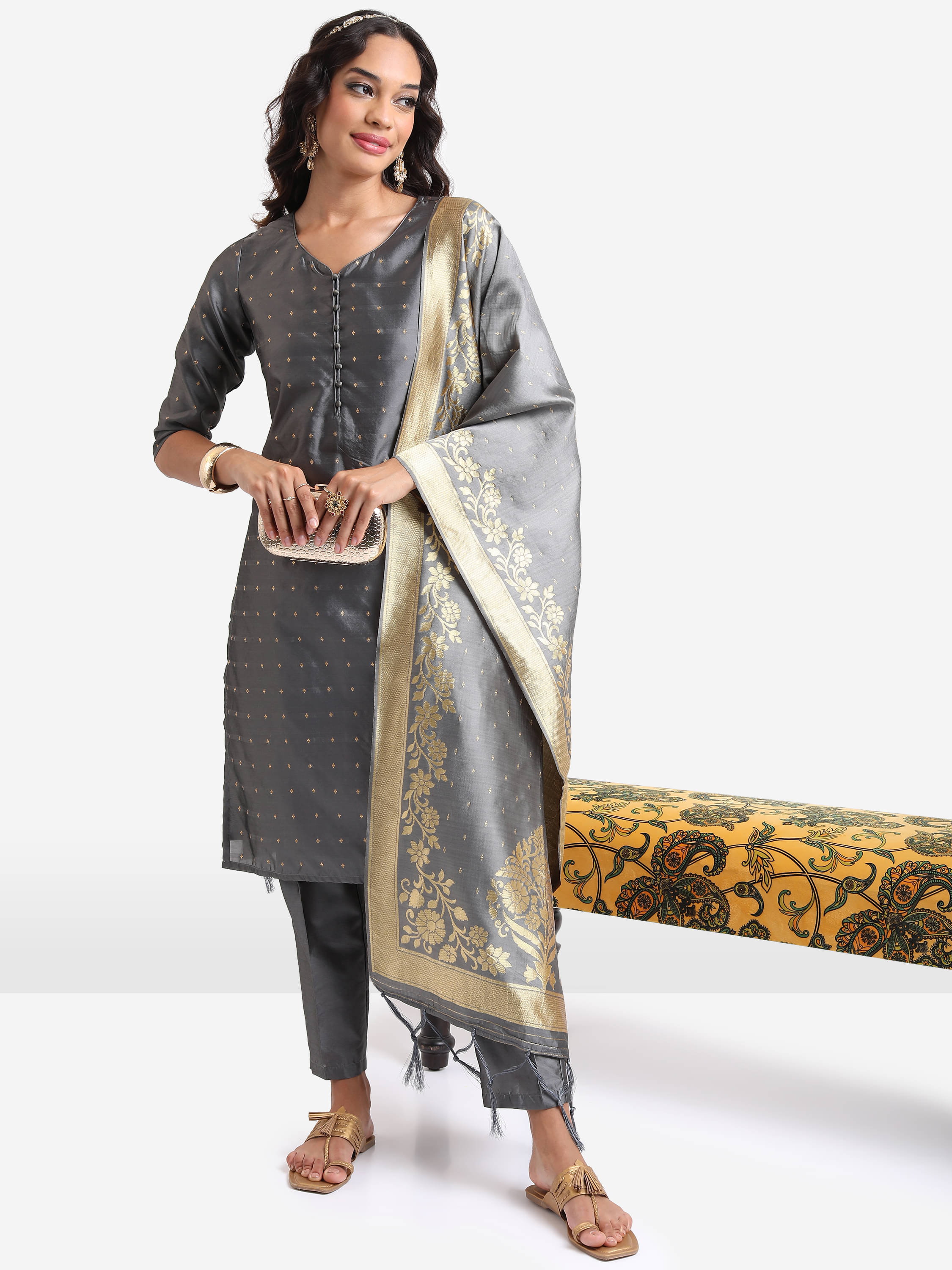 Vishudh Women Polyester Self Design Straight Kurti With Pants ( Grey ) Vishudh Women Polyester Self Design Straight Kurti With Pants ( Grey )