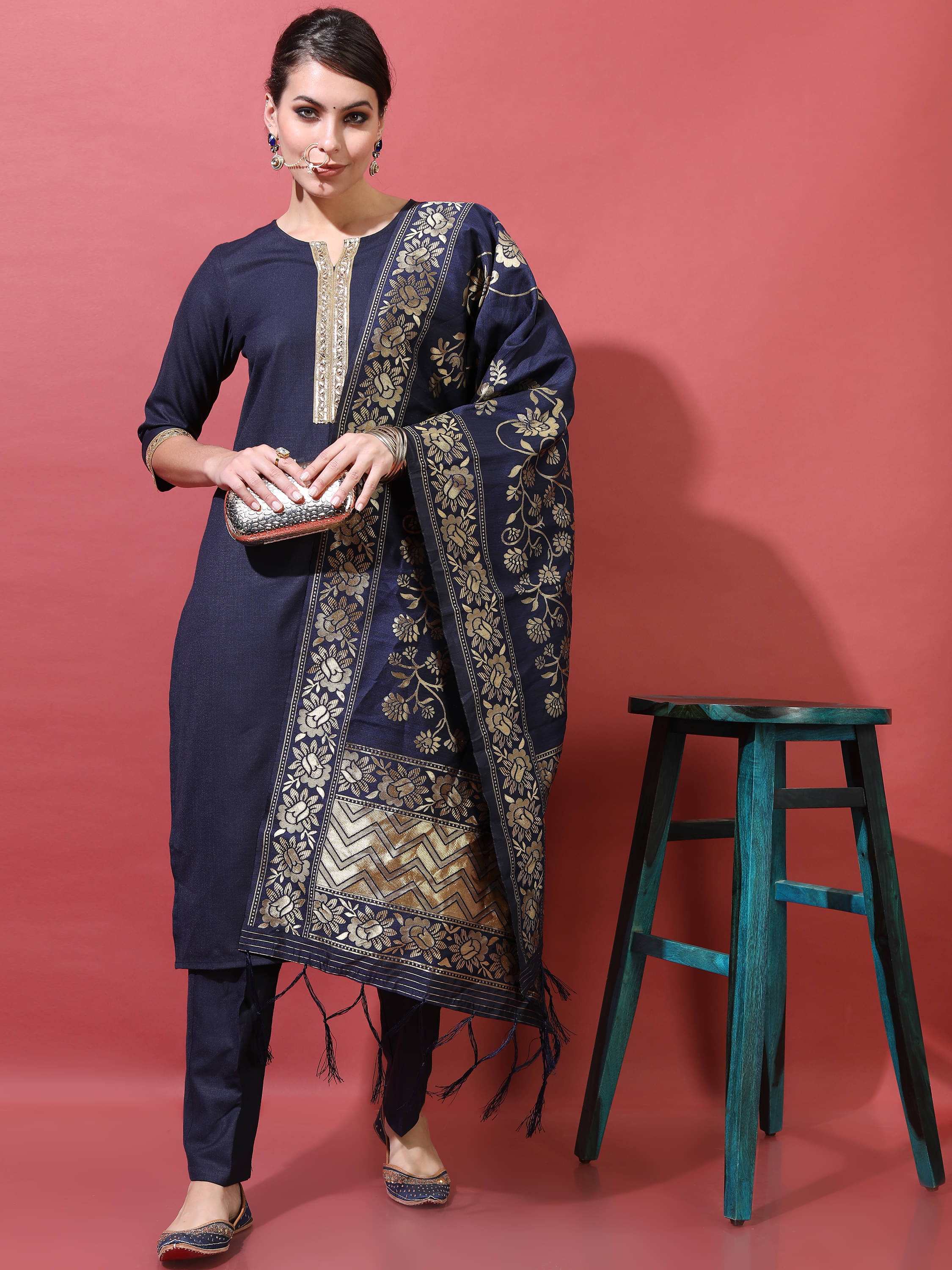 Vishudh Women Polyester Self Design Straight Kurti With Pants ( Navy ) Vishudh Women Polyester Self Design Straight Kurti With Pants ( Navy )