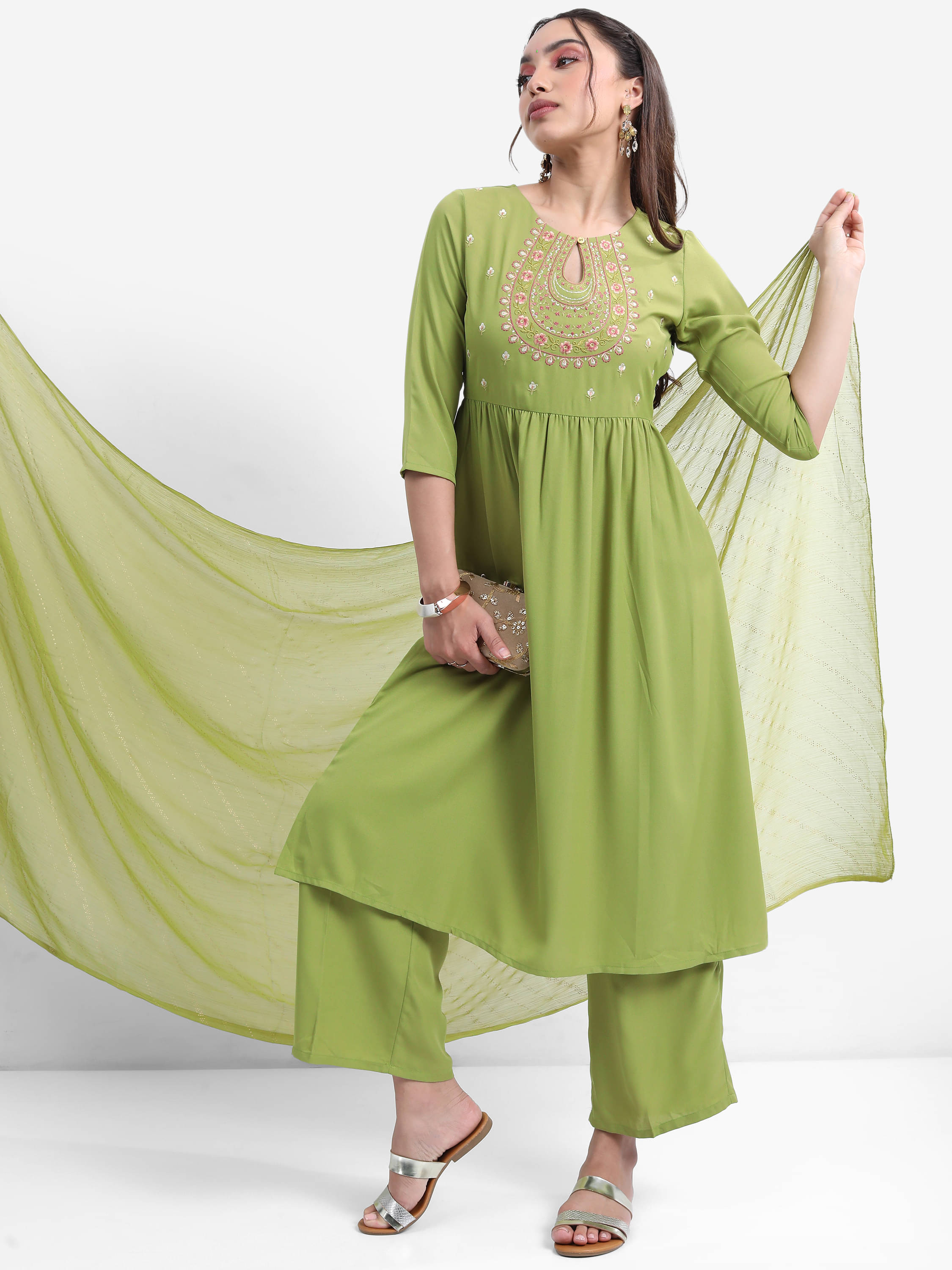 Vishudh Women Polyester Self Design A-line Kurti With Palazzo ( Green ) Vishudh Women Polyester Self Design A-line Kurti With Palazzo ( Green )