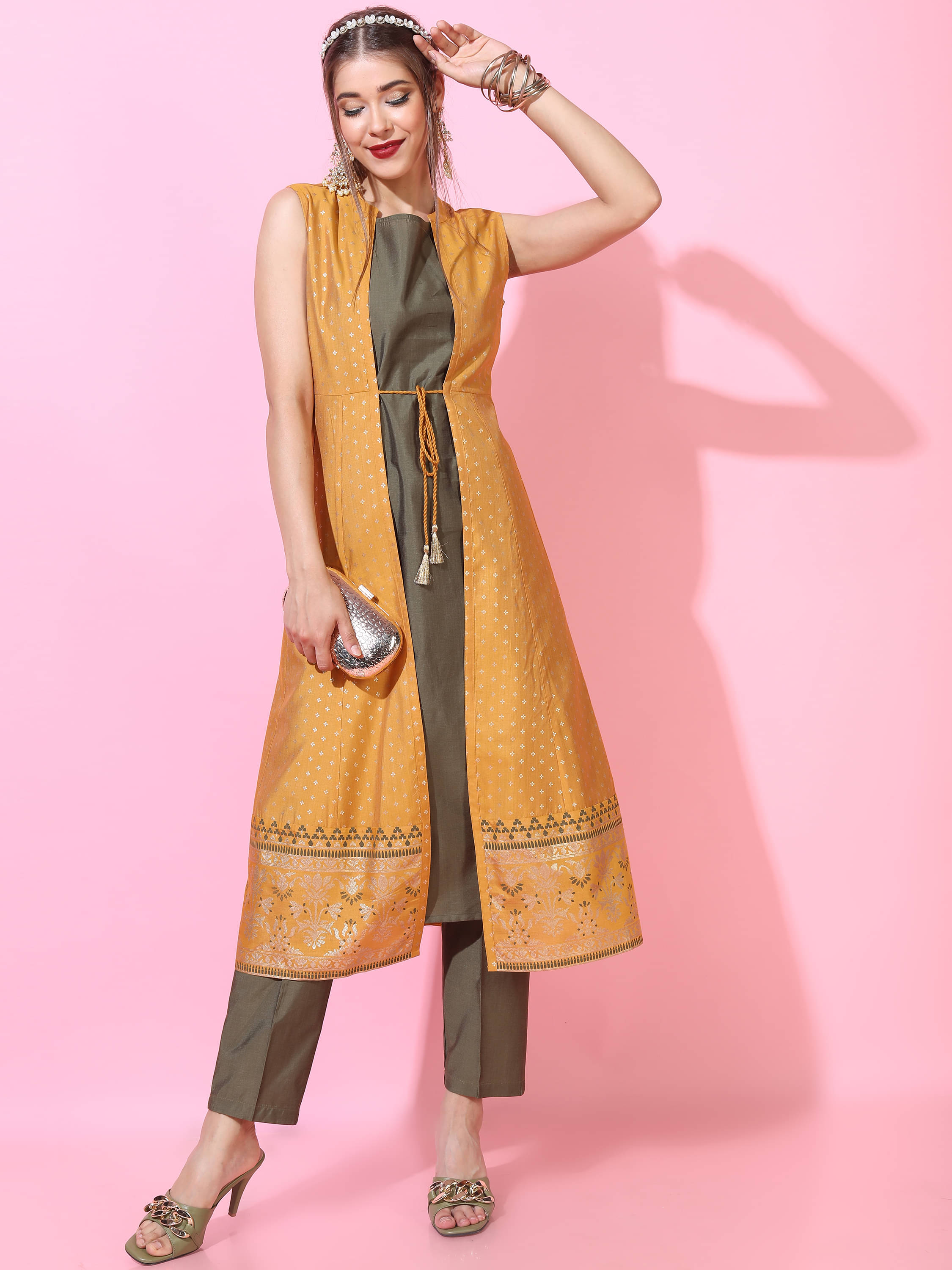Vishudh Women Viscose Self Design Anarkali Kurti With Palazzo ( Yellow ) Vishudh Women Viscose Self Design Anarkali Kurti With Palazzo ( Yellow )