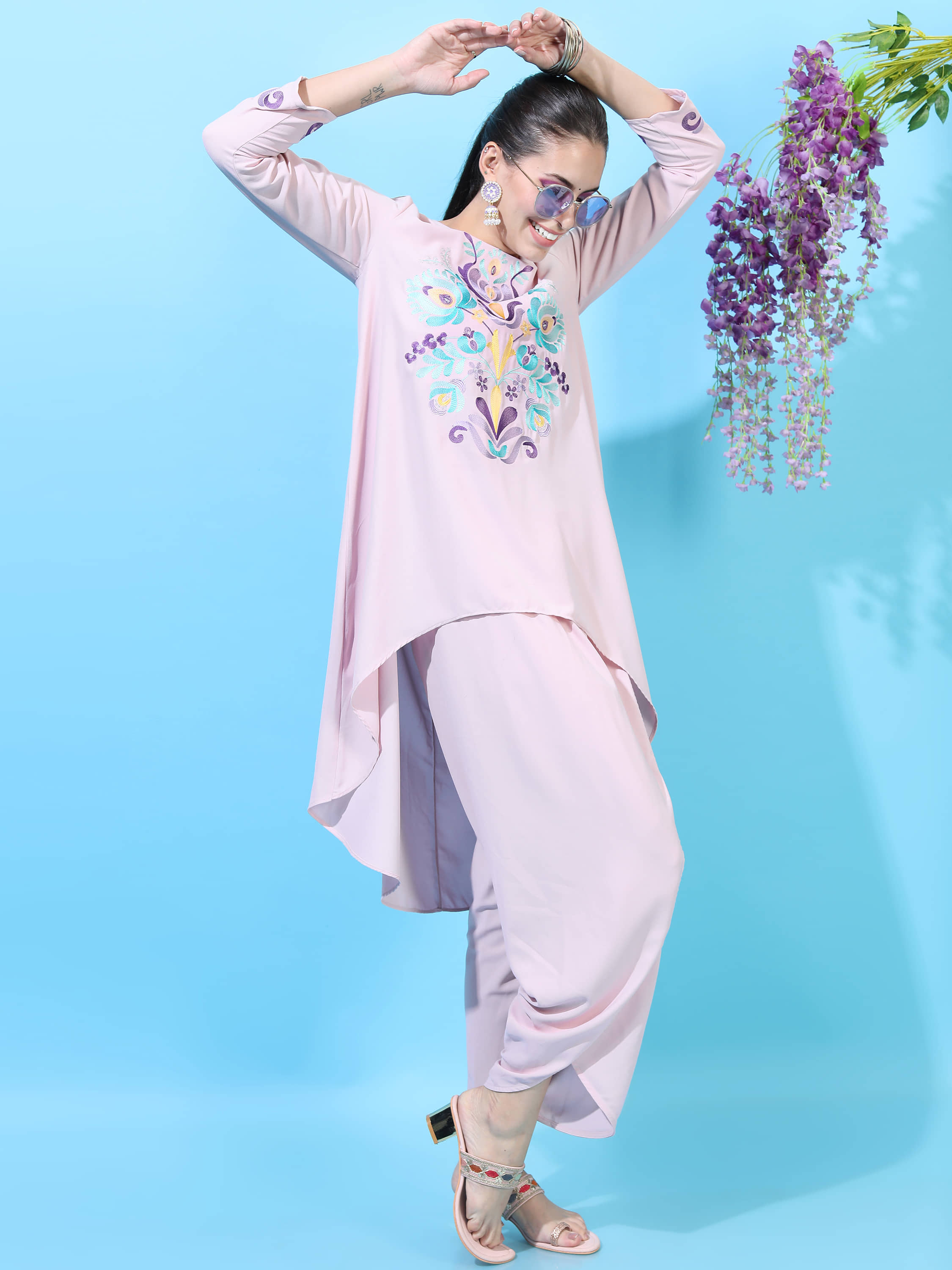 Vishudh Women Viscose Self Design A-line Kurti With Dhoti Pants ( Lavender )