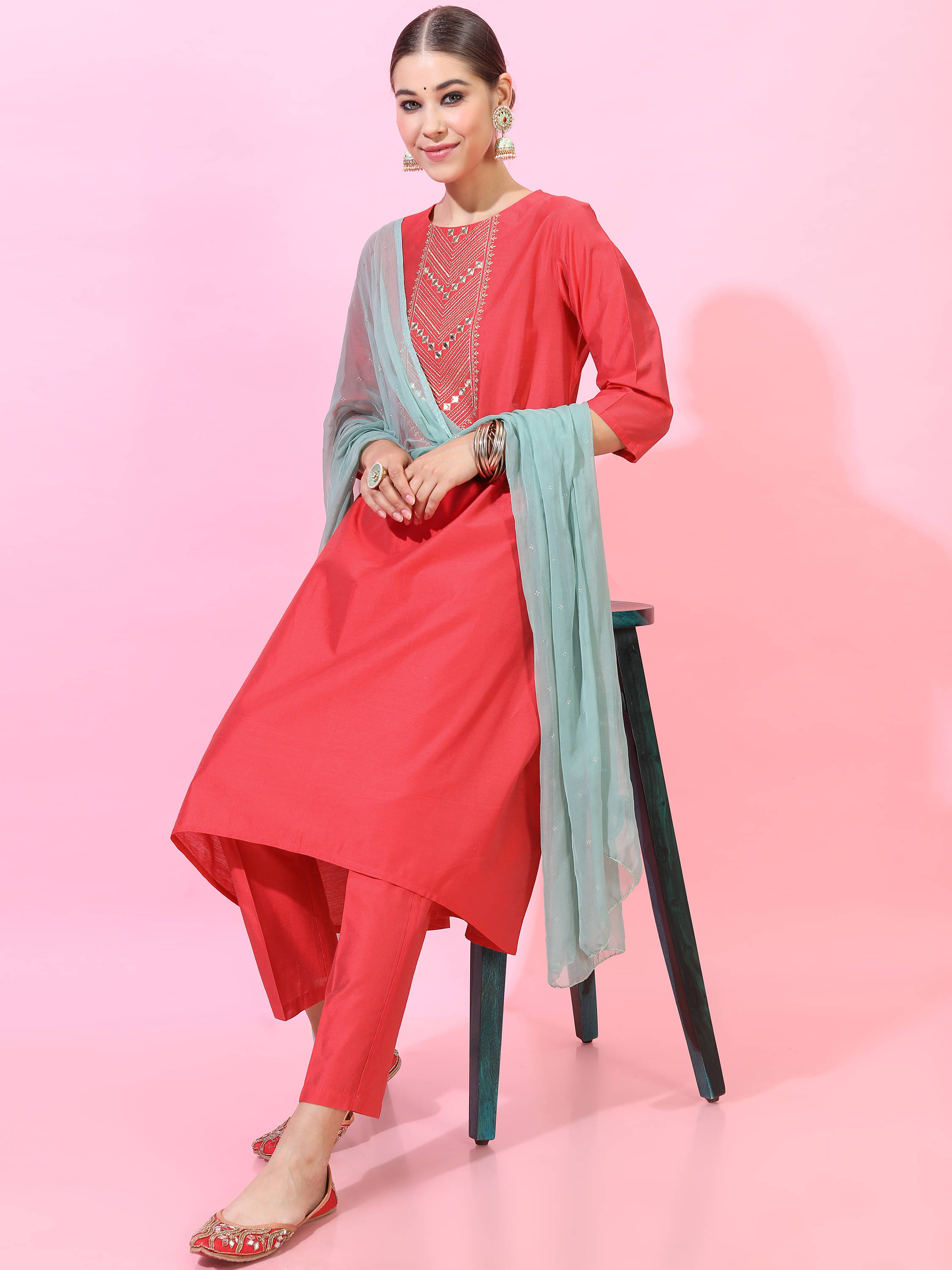     			Vishudh Women Viscose Self Design A-line Kurti With Pants ( Red )