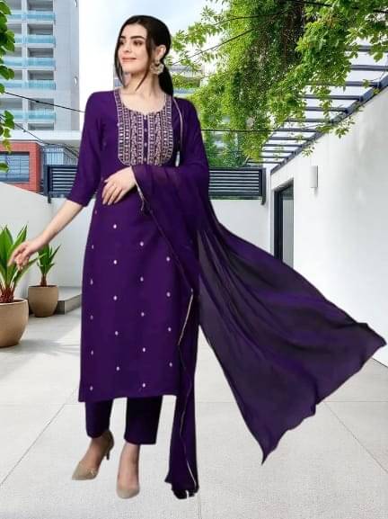 Zorista Women Rayon Embroidered A-line Kurti With Pants ( Purple ) Zorista Women Rayon Embroidered A-line Kurti With Pants ( Purple )