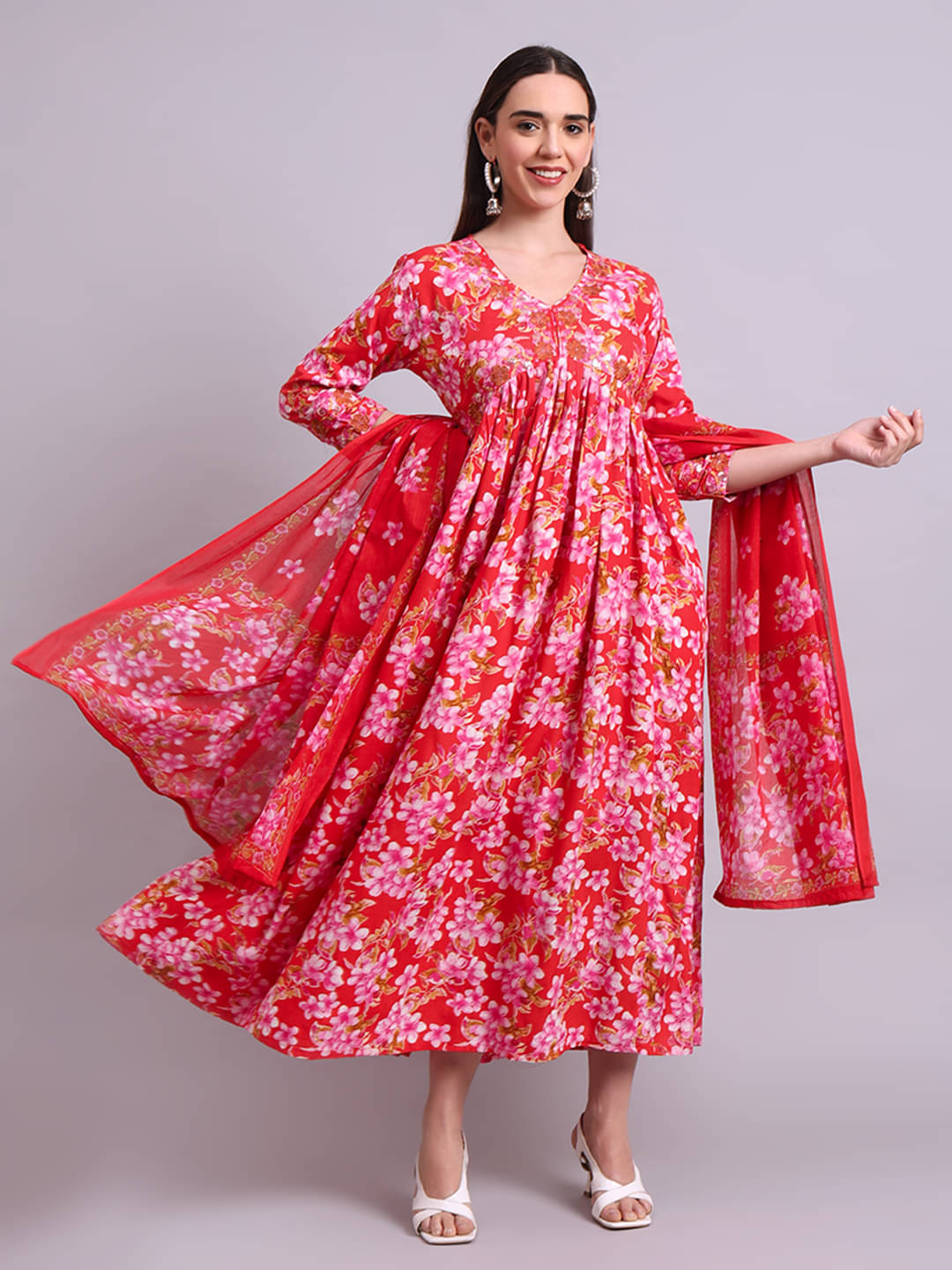     			aayusika Women Rayon Printed Anarkali Kurti ( Red )