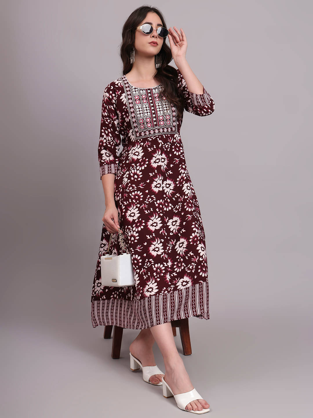     			aayusika Women Rayon Printed Anarkali Kurti ( brown )