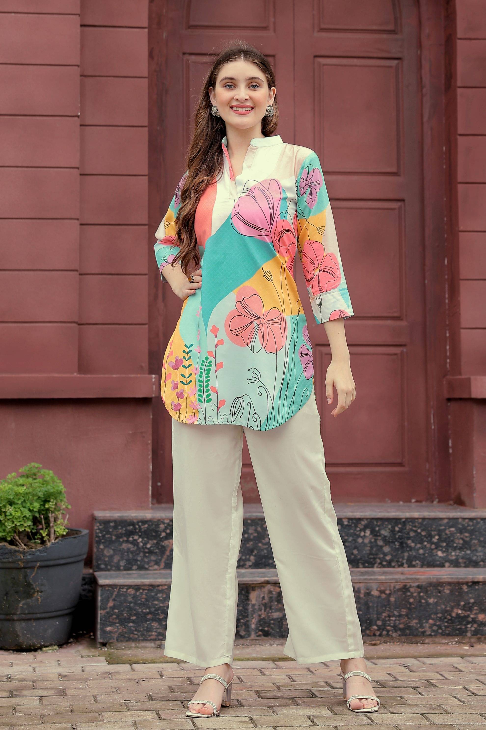 laasika Women Printed Tunic With Trousers Co-Ord Set ( Multicolor 2 )     			laasika Women Printed Tunic With Trousers Co-Ord Set ( Multicolor 2 )