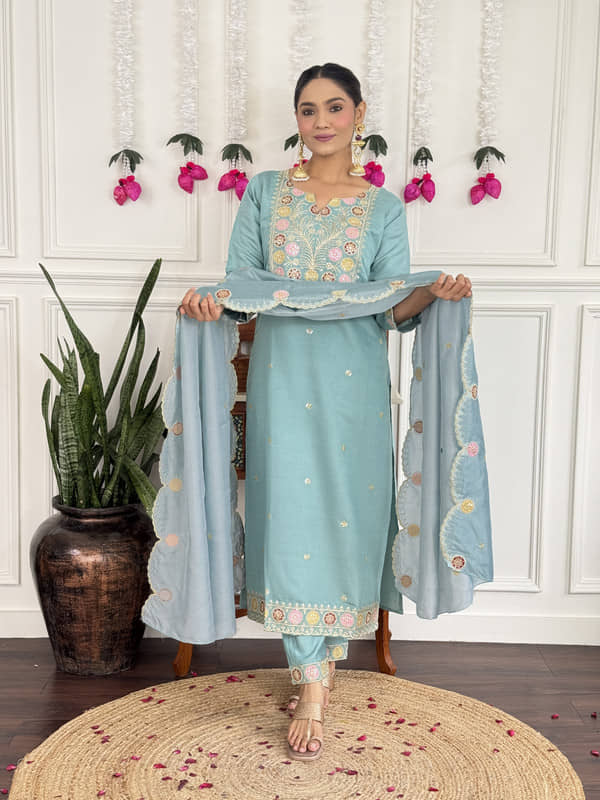 piludi Women Chanderi Embroidered Straight Kurti With Pants ( Blue )