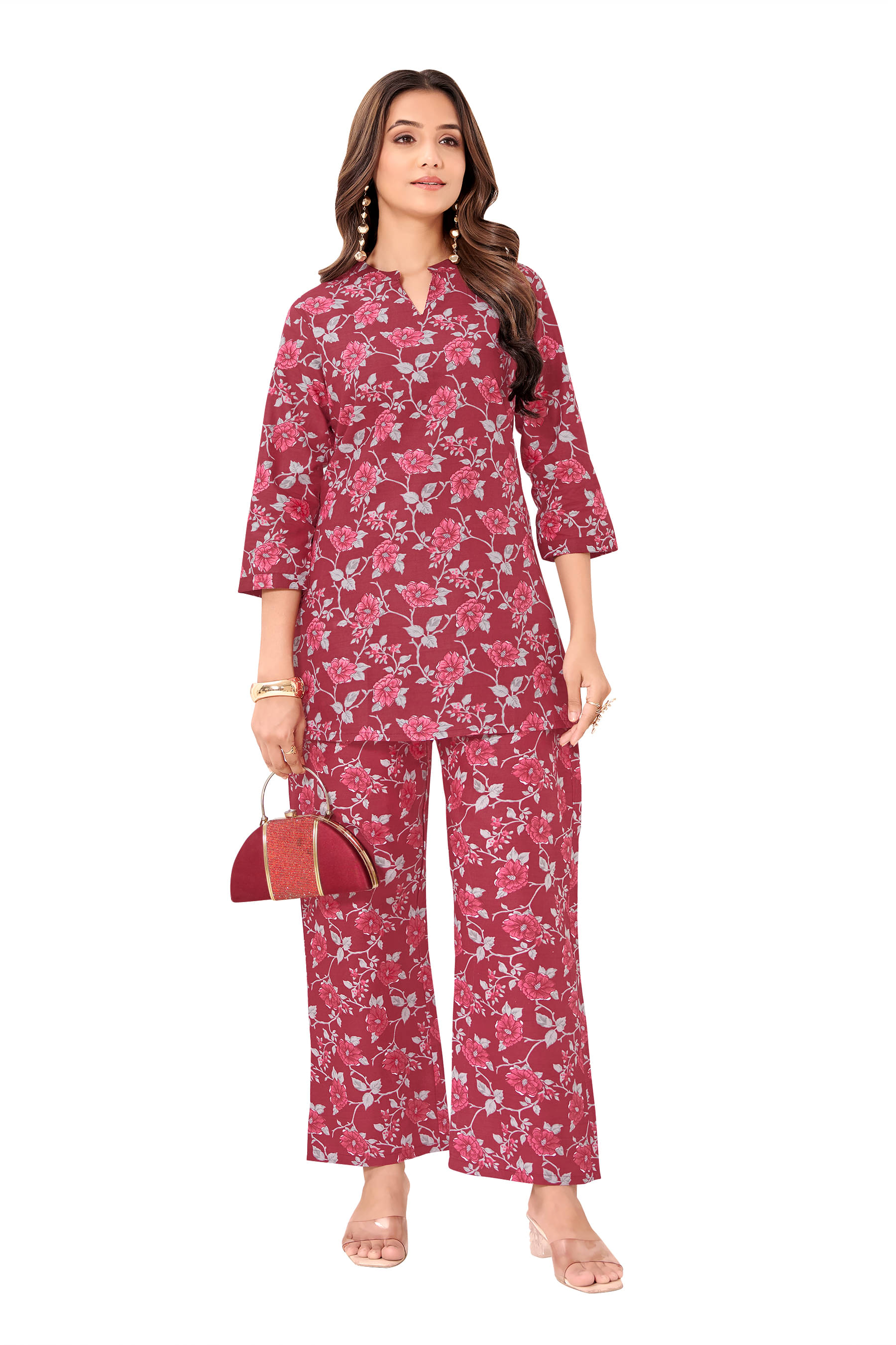shree jeenmata collection Women Printed Top With Palazzos Co-Ord Set ( Maroon )     			shree jeenmata collection Women Printed Top With Palazzos Co-Ord Set ( Maroon )