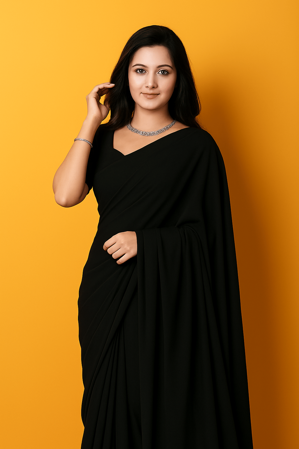 ASTYLOR Georgette Solid Regular Saree Without Blouse Piece ( Black ) ASTYLOR Georgette Solid Regular Saree Without Blouse Piece ( Black )