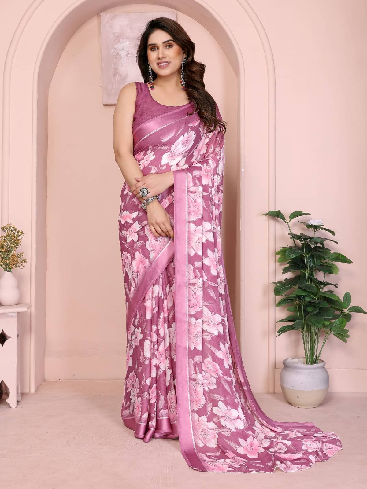 BLEESBURY Chiffon Printed Regular Saree With Unstitched Blouse Piece ( Pink ) BLEESBURY Chiffon Printed Regular Saree With Unstitched Blouse Piece ( Pink )
