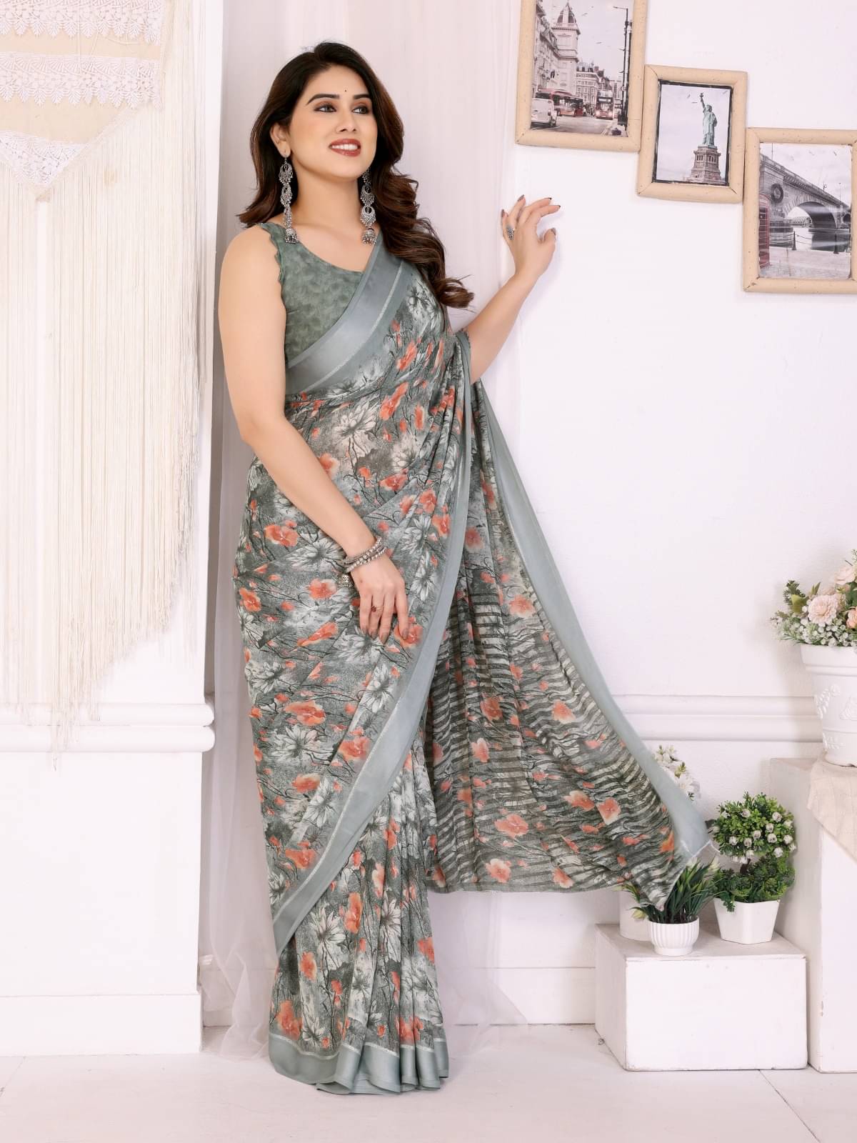 BLEESBURY Chiffon Printed Regular Saree With Unstitched Blouse Piece ( Light Green ) BLEESBURY Chiffon Printed Regular Saree With Unstitched Blouse Piece ( Light Green )
