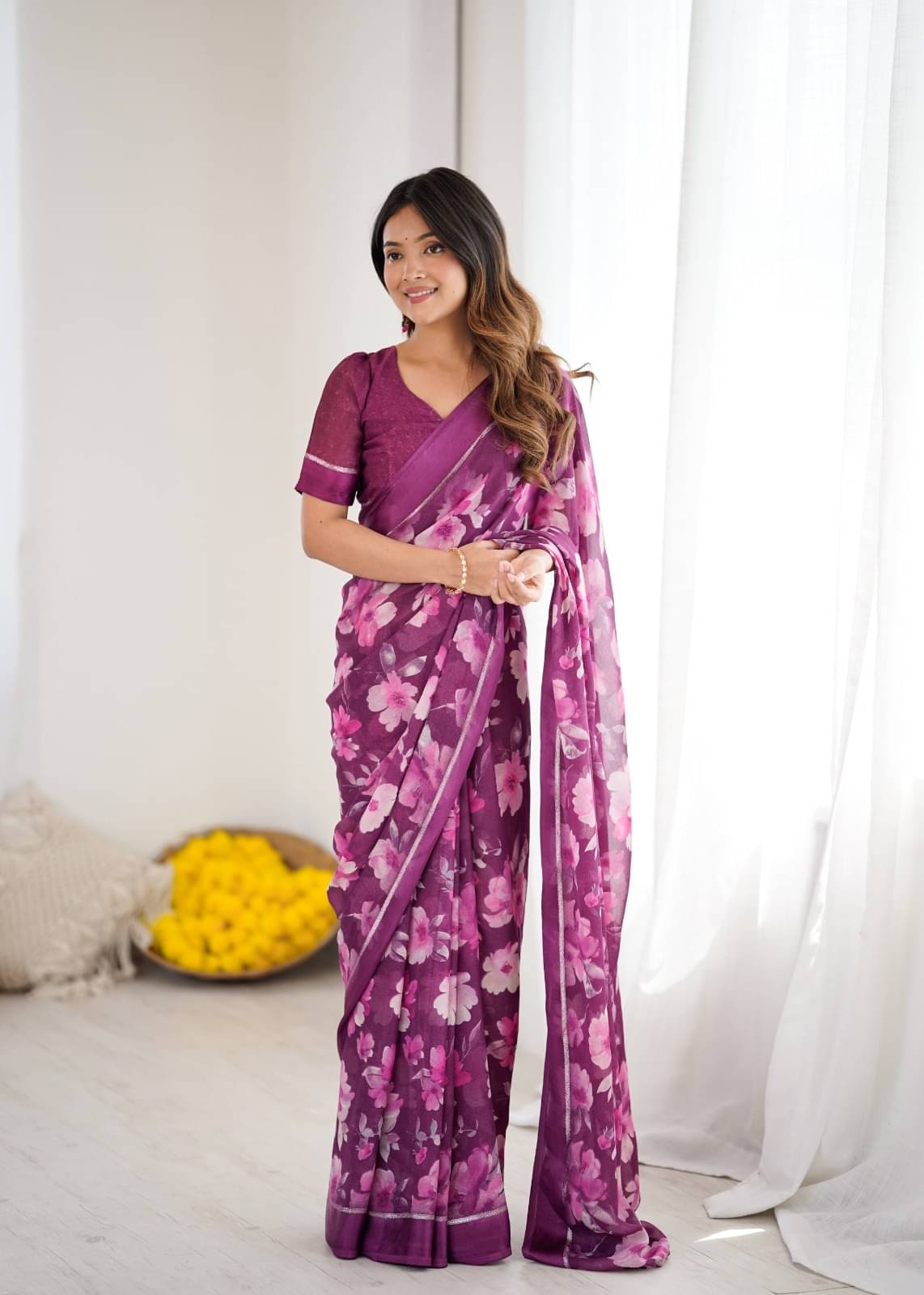 BLEESBURY Chiffon Printed Regular Saree With Unstitched Blouse Piece ( Magenta ) BLEESBURY Chiffon Printed Regular Saree With Unstitched Blouse Piece ( Magenta )