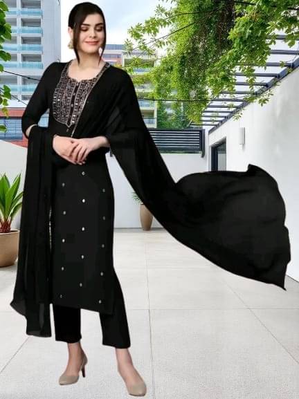     			BONISTA FASHION FOR ALL Women Rayon Embroidered A-line Kurti With Pants ( Black )
