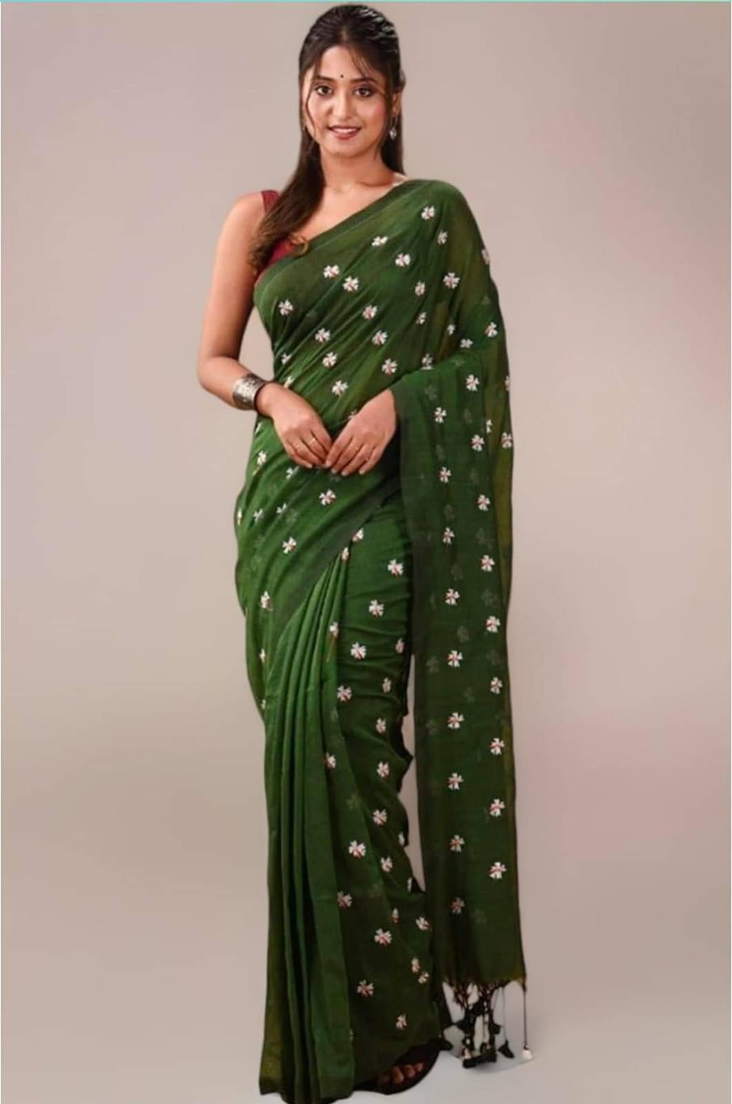     			BRYNBRIT Cotton Blend Embroidered Chanderi saree With Unstitched Blouse Piece ( Green )