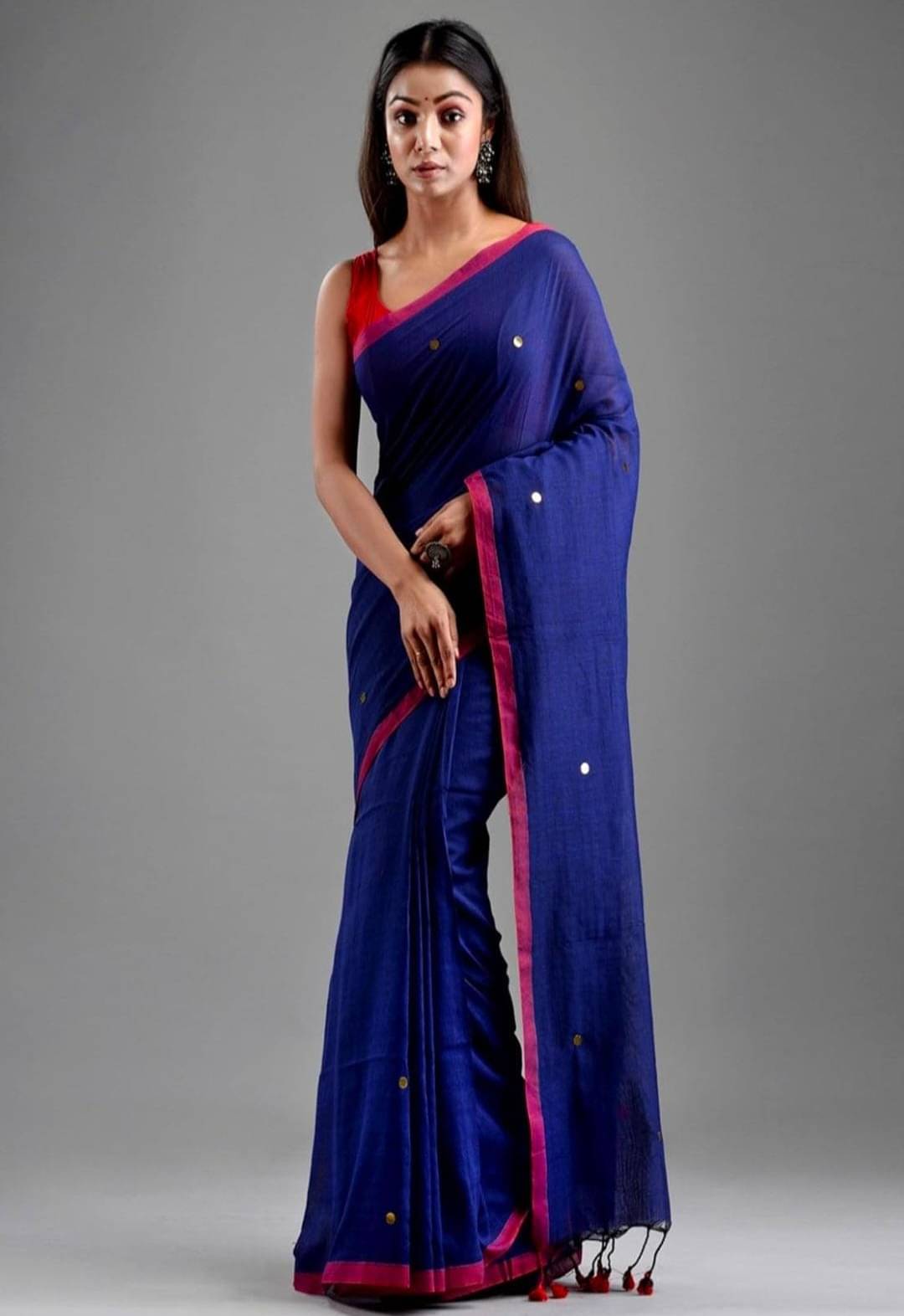 BRYNBRIT Cotton Blend Self Design Chanderi saree With Unstitched Blouse Piece ( Blue,Red ) BRYNBRIT Cotton Blend Self Design Chanderi saree With Unstitched Blouse Piece ( Blue,Red )