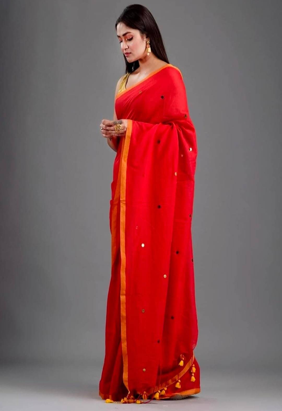 BRYNBRIT Cotton Blend Self Design Chanderi saree With Unstitched Blouse Piece ( Red,Yellow1 ) BRYNBRIT Cotton Blend Self Design Chanderi saree With Unstitched Blouse Piece ( Red,Yellow1 )