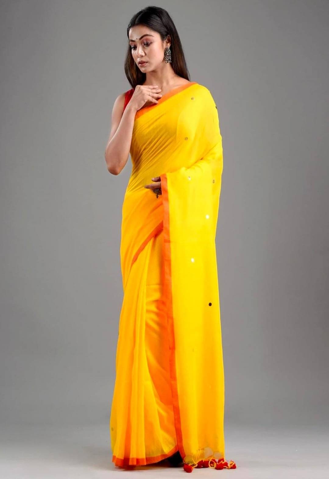 BRYNBRIT Cotton Blend Self Design Chanderi saree With Unstitched Blouse Piece ( Yellow,Red ) BRYNBRIT Cotton Blend Self Design Chanderi saree With Unstitched Blouse Piece ( Yellow,Red )