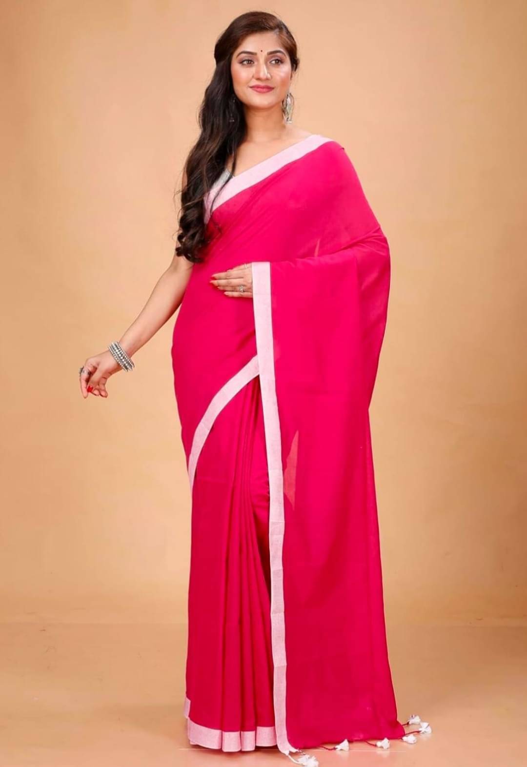 BRYNBRIT Cotton Embellished Chanderi saree With Unstitched Blouse Piece ( Pink,White ) BRYNBRIT Cotton Embellished Chanderi saree With Unstitched Blouse Piece ( Pink,White )