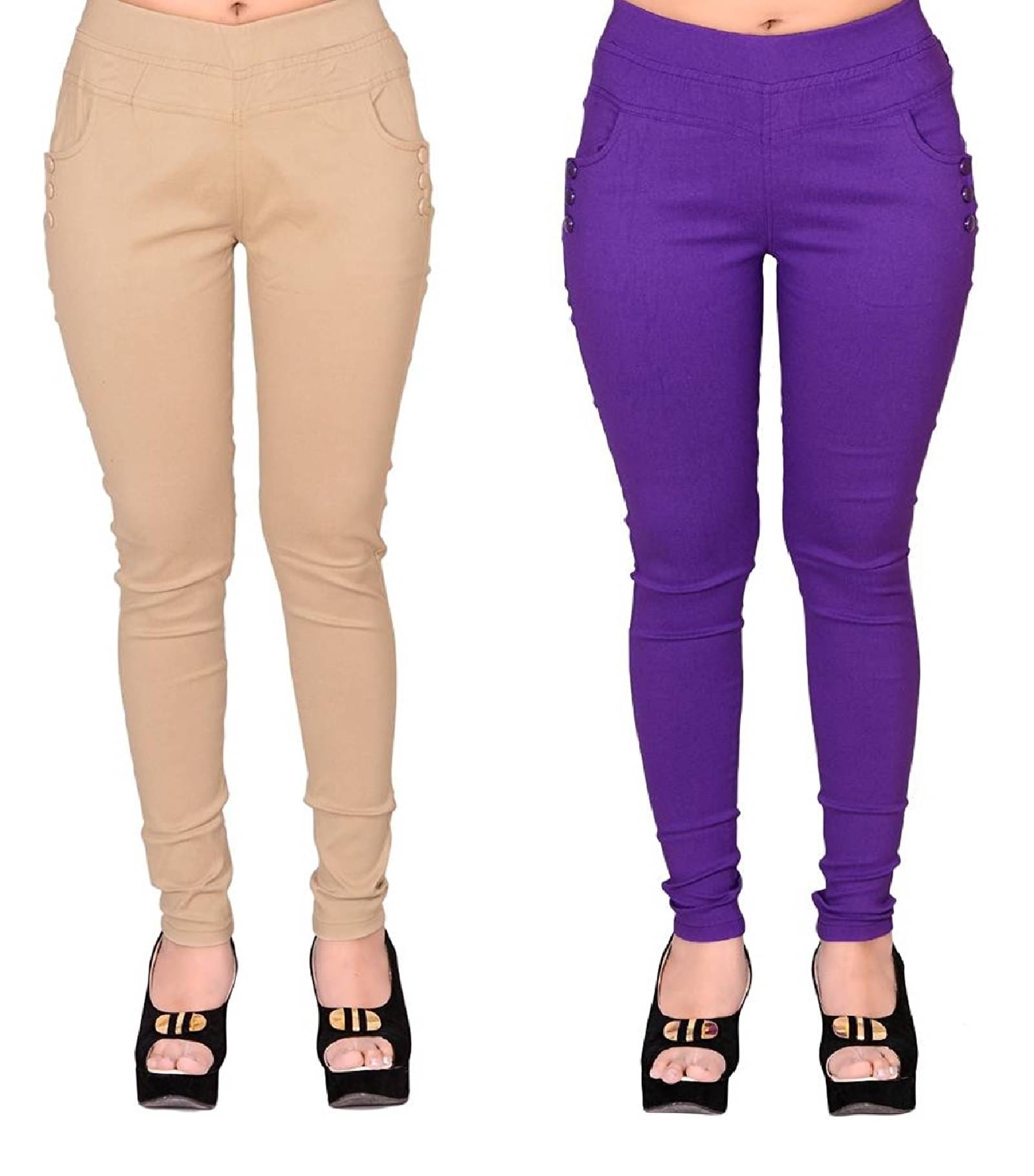     			FeelBlue Women Cotton Blend Skinny Fit Jegging ( Beige,Purple )
