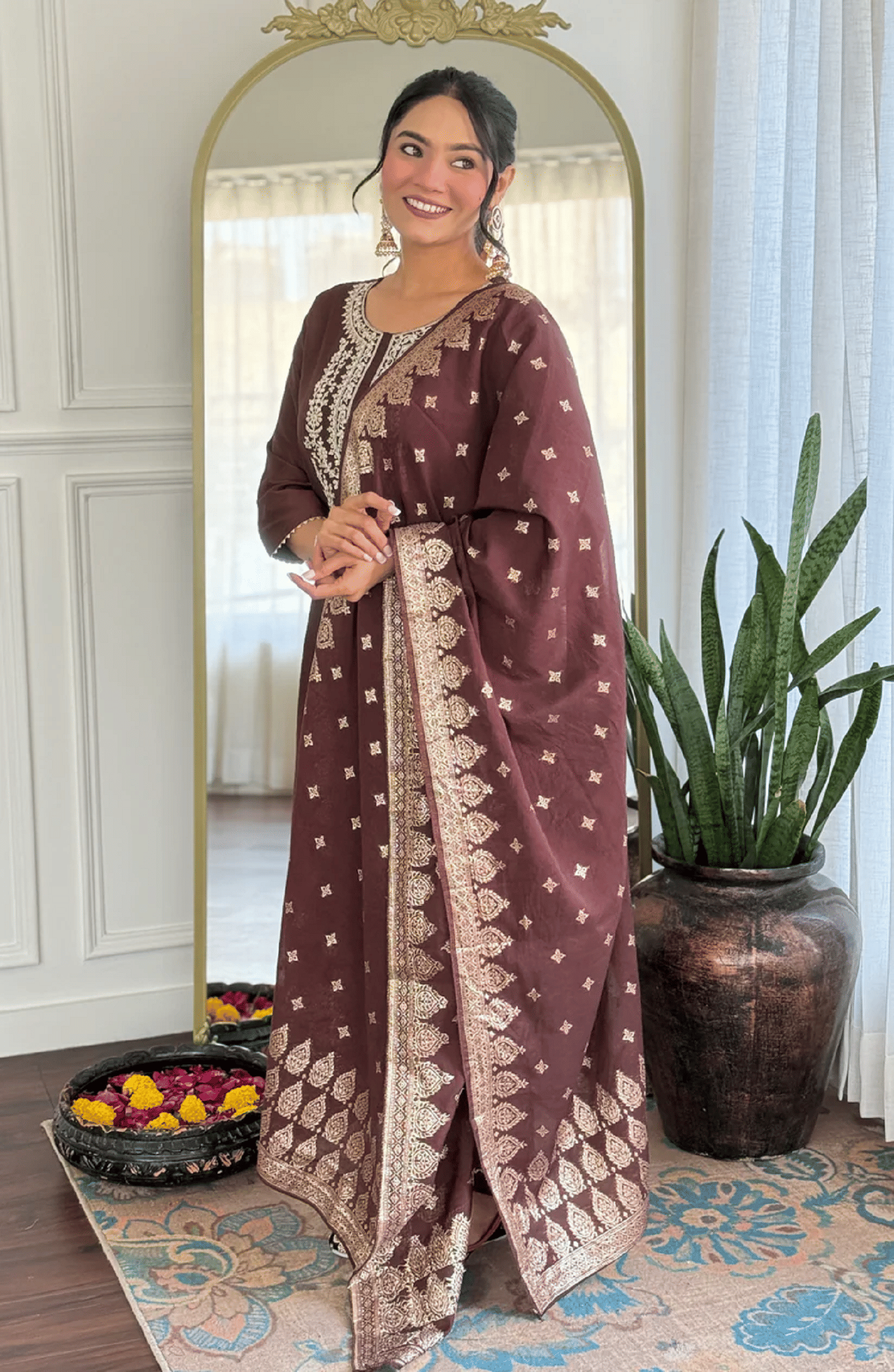 GOPI SAREE Women Cotton Silk Embroidered Straight Kurti With Pants ( Coffee )