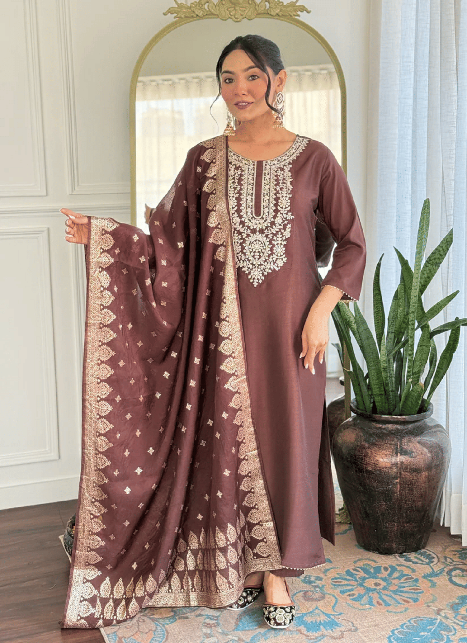 GOPI SAREE Women Cotton Silk Embroidered A-line Kurti With Pants ( Coffee )