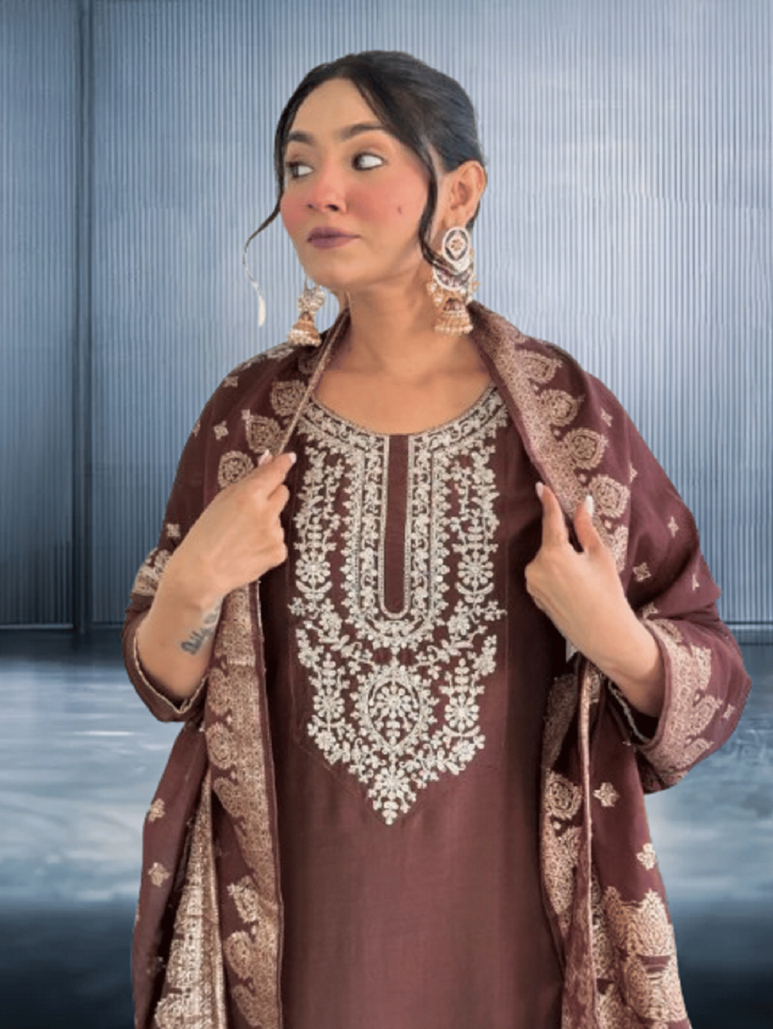 GOPI SAREE Women Cotton Silk Embroidered Straight Kurti With Pants ( Coffee ) GOPI SAREE Women Cotton Silk Embroidered Straight Kurti With Pants ( Coffee )